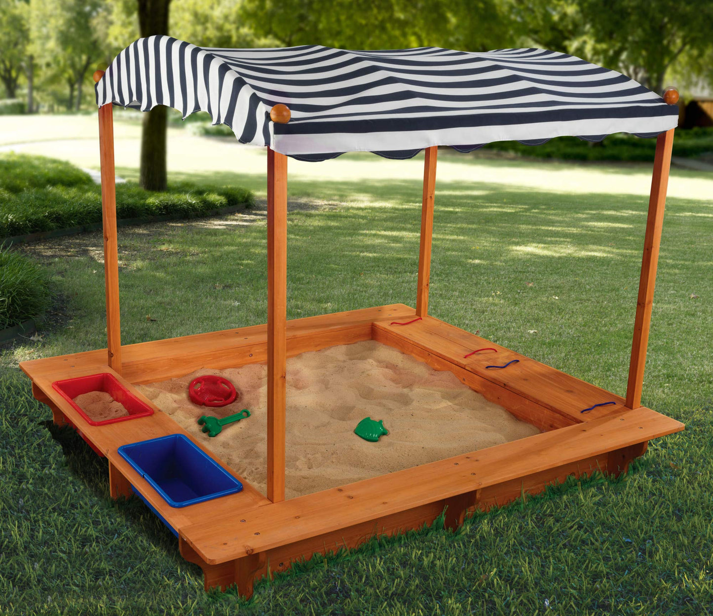 KidKraft Outdoor Covered Wooden Sandbox with Bins and Striped Canvas Canopy, Kids' Outdoor Furniture, Navy & White, Gift for Ages 2-8, Natural, 58.7 x