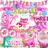 Pink Three Dino Rex Birthday Party Decorations Dinosaur 3rd Birthday Décorations Three inspired Rex Birthday Party Supplies include balloon backdrop