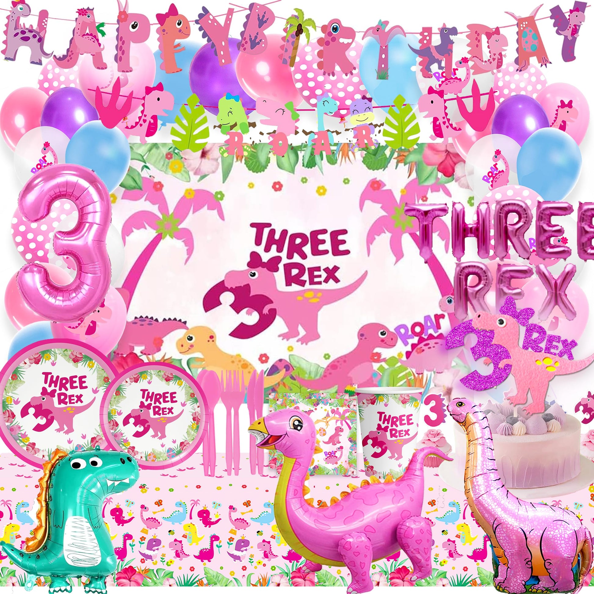 Pink Three Dino Rex Birthday Party Decorations Dinosaur 3rd Birthday Décorations Three inspired Rex Birthday Party Supplies include balloon backdrop