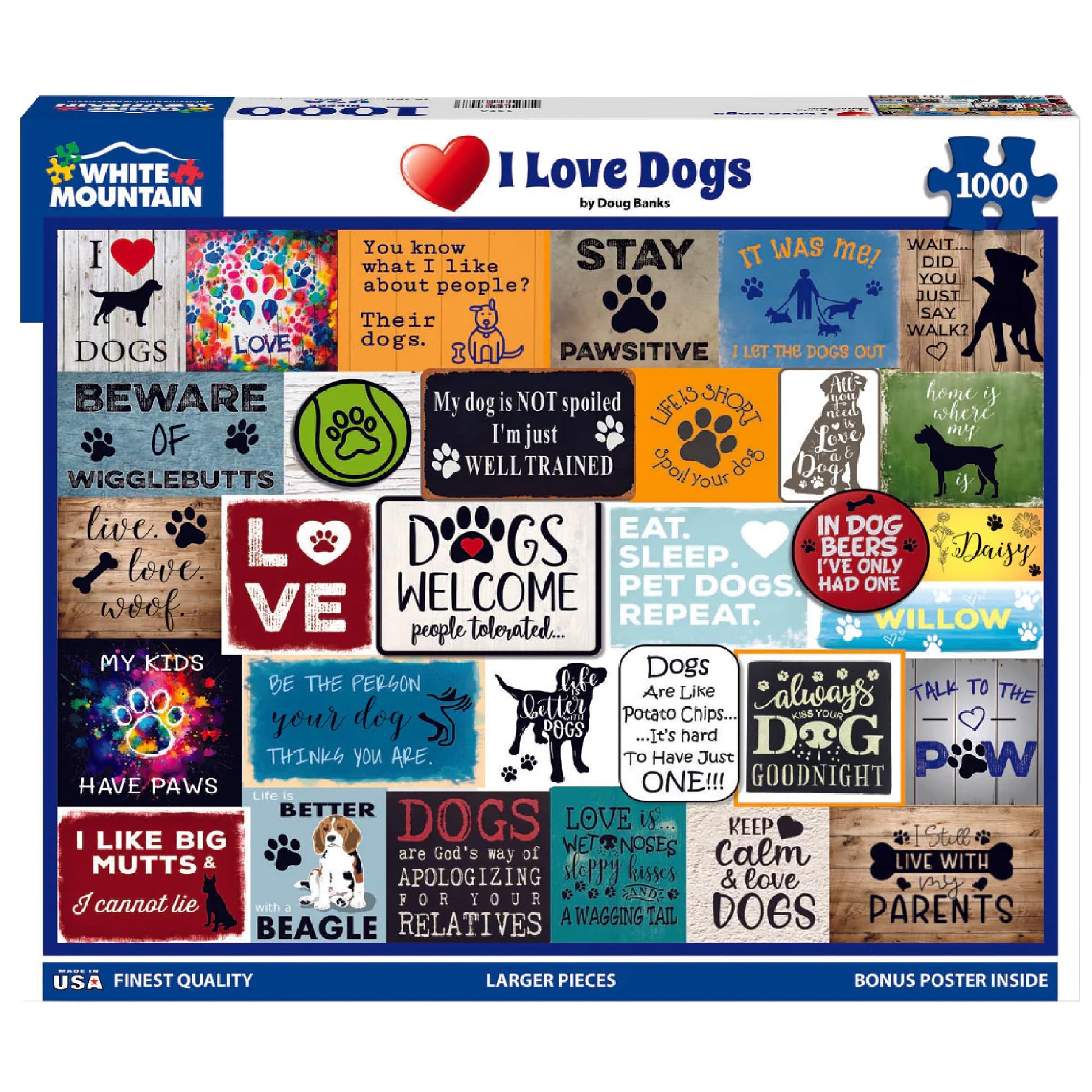 White Mountain 1000 Piece Jigsaw Puzzle Dog Quotes Collage, I Love Dogs