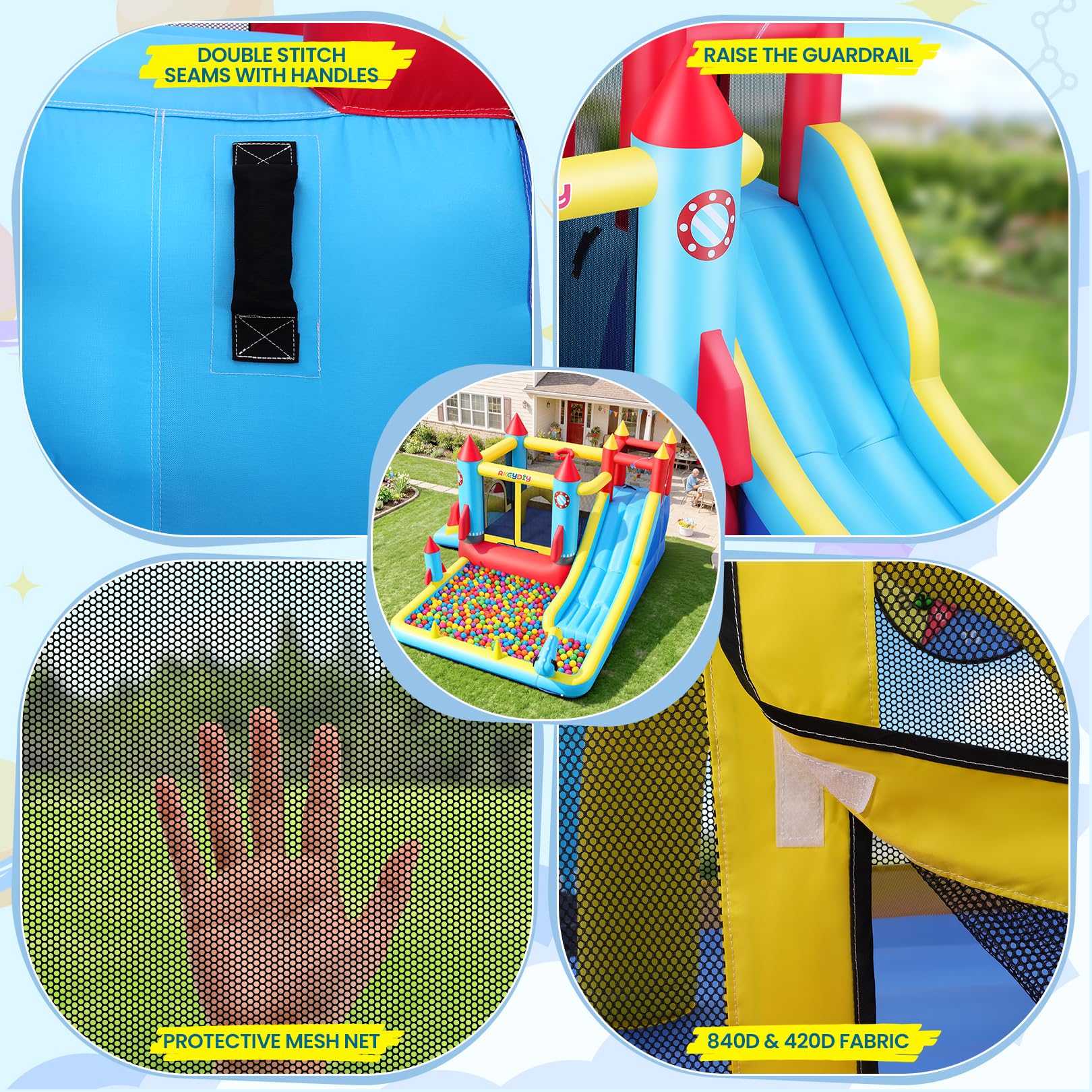 AKEYDIY Bounce House,Inflatable Water Slide Bounce Castle with Blower for Kids 3-10,Outdoor/Indoor Bouncy House Water Park for Backyard with 2 Splash