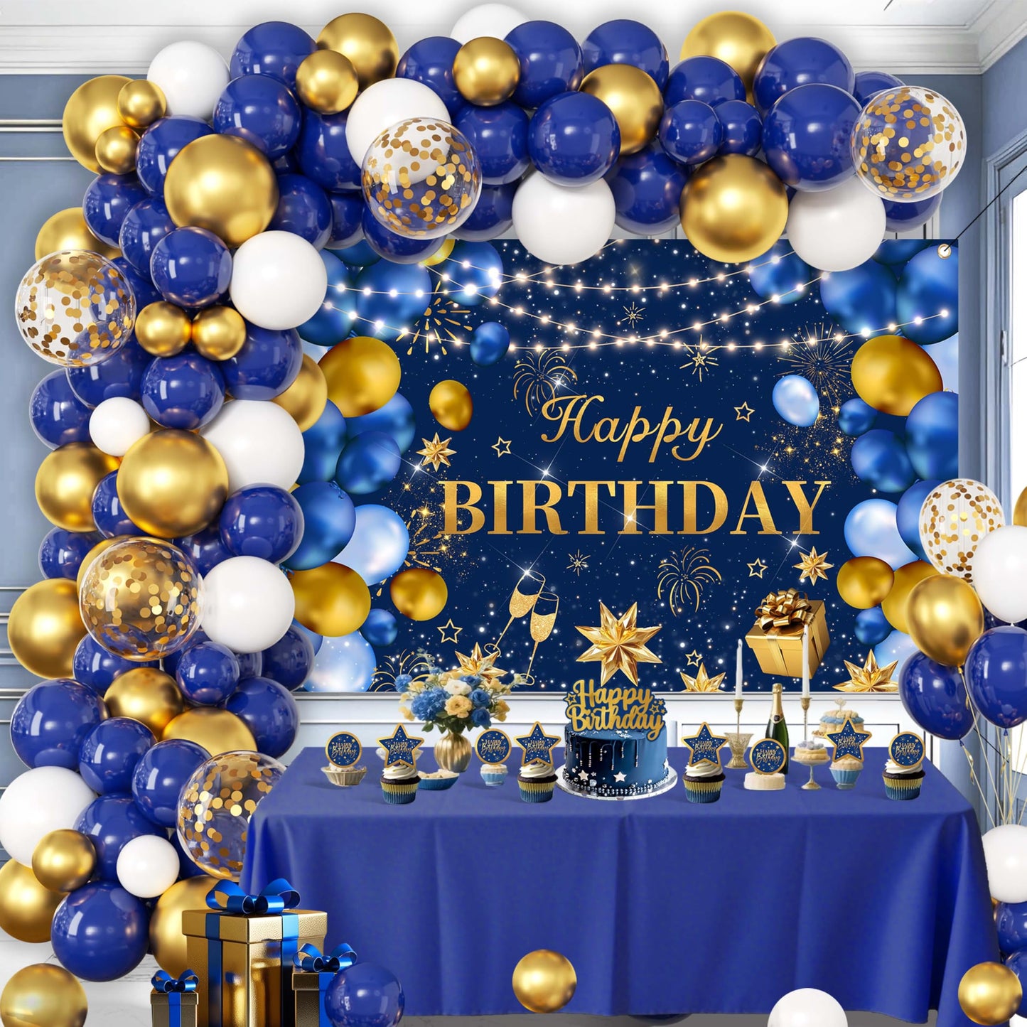 Blue and Gold Happy Birthday Decorations for Men,Birthday Banner, 70pcs Balloons, Backdrop,Balloon Arch Supplies for Boy