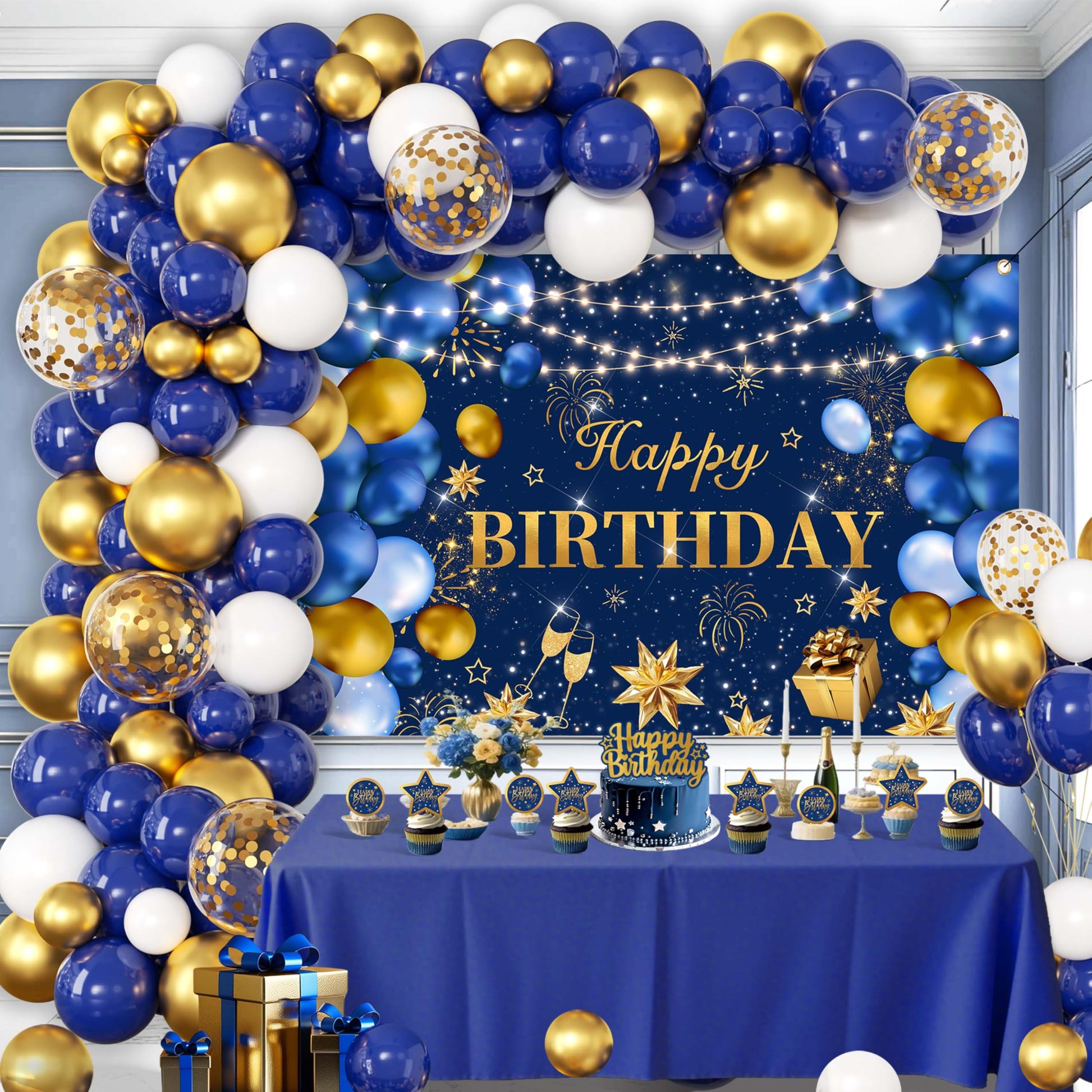 Blue and Gold Happy Birthday Decorations for Men,Birthday Banner, 70pcs Balloons, Backdrop,Balloon Arch Supplies for Boy