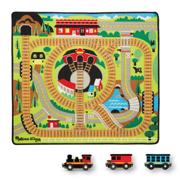 Melissa & Doug Round the Rails Train Rug with 3 Linking Wooden Train Cars (39 x 36 inches)