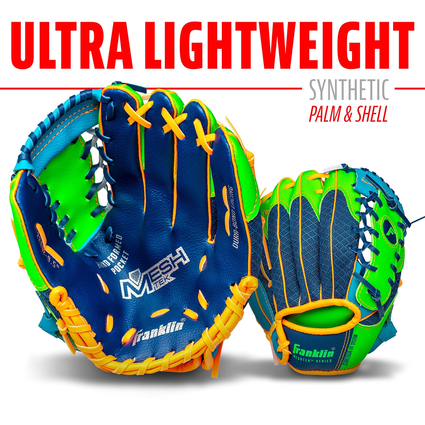 Franklin Sports Teeball Meshtek Gloves, Navy/Lime/Orange, Right Hand Throw, 9.5"