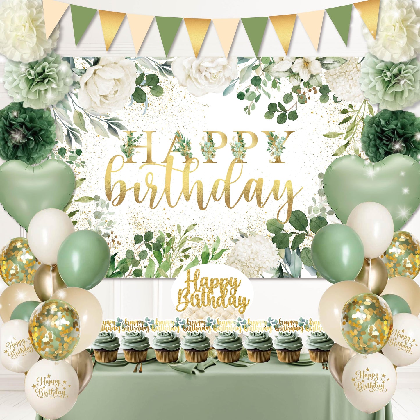 Happy Birthday Decorations For Women Men,Birthday Backdrop,Banner Balloons,Table Cloth,Paper pom poms Party Supplies for Girls Boys (Sage Green)