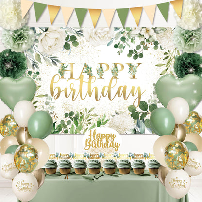 Happy Birthday Decorations For Women Men,Birthday Backdrop,Banner Balloons,Table Cloth,Paper pom poms Party Supplies for Girls Boys (Sage Green)