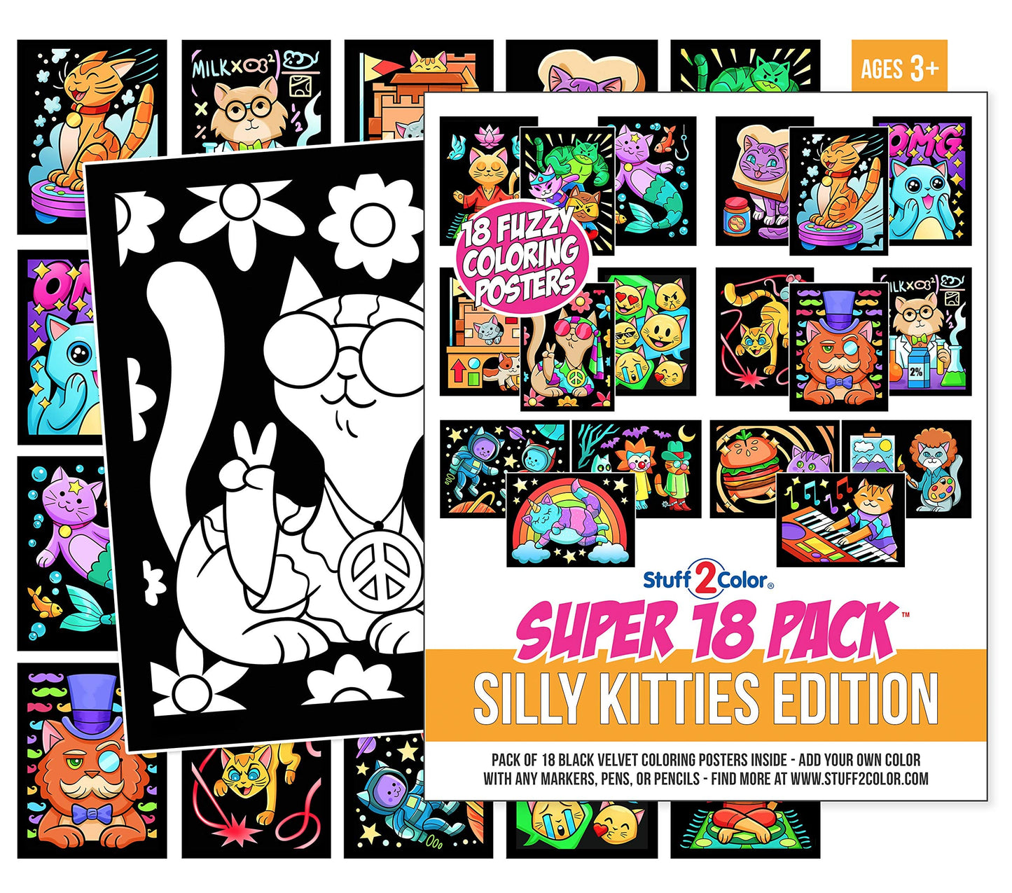 Super Pack of 18 Fuzzy Coloring Posters (Silly Kitties Edition) - Arts & Crafts for Kids, Toddlers, Girls, Boys & Adults - Great for Family Fun