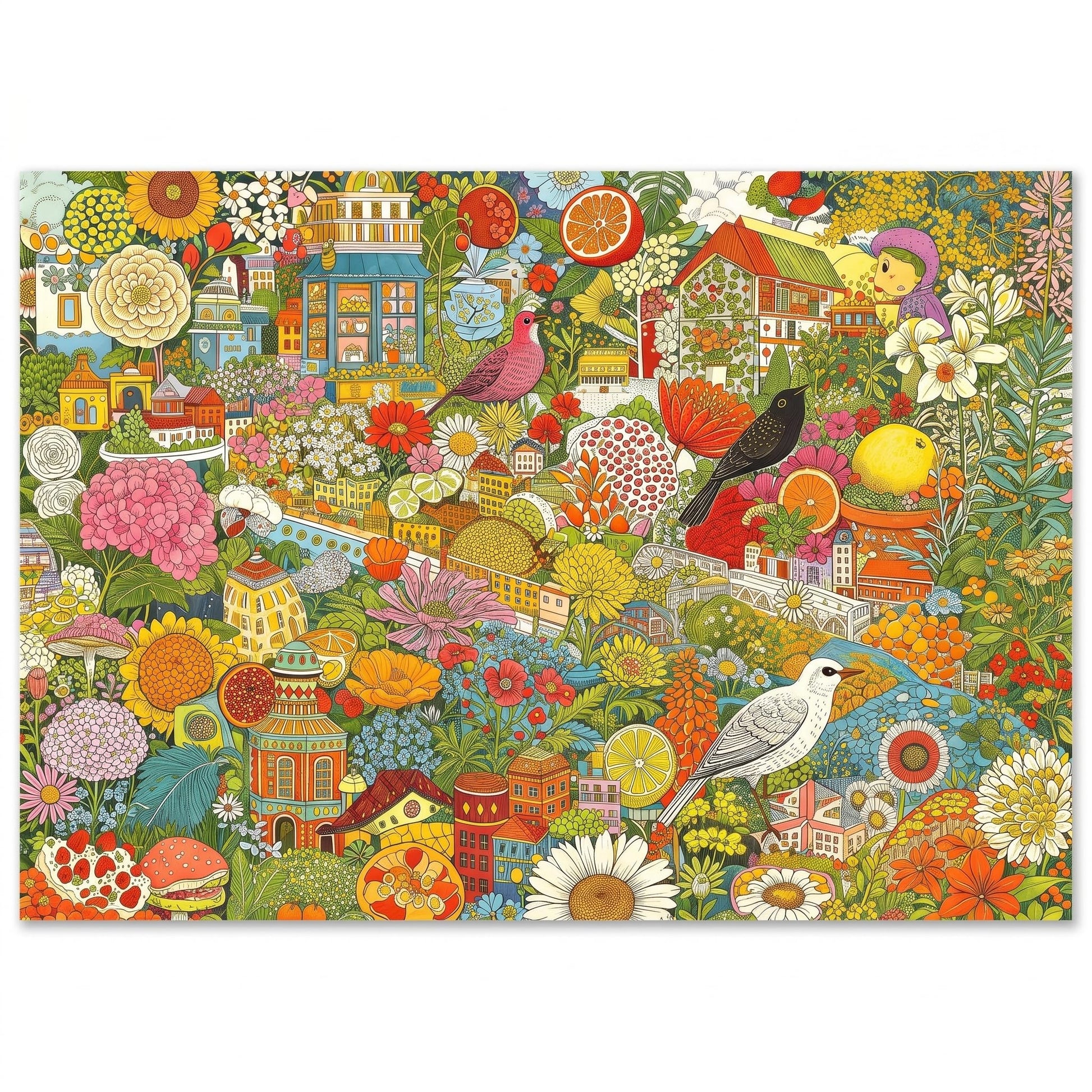 1000 Piece Puzzle for Adults, Colorful Botanical Fantasy Garden with Birds & Houses, Premium Matte Finish, Thick Blue Cardboard, Fun and Challenging