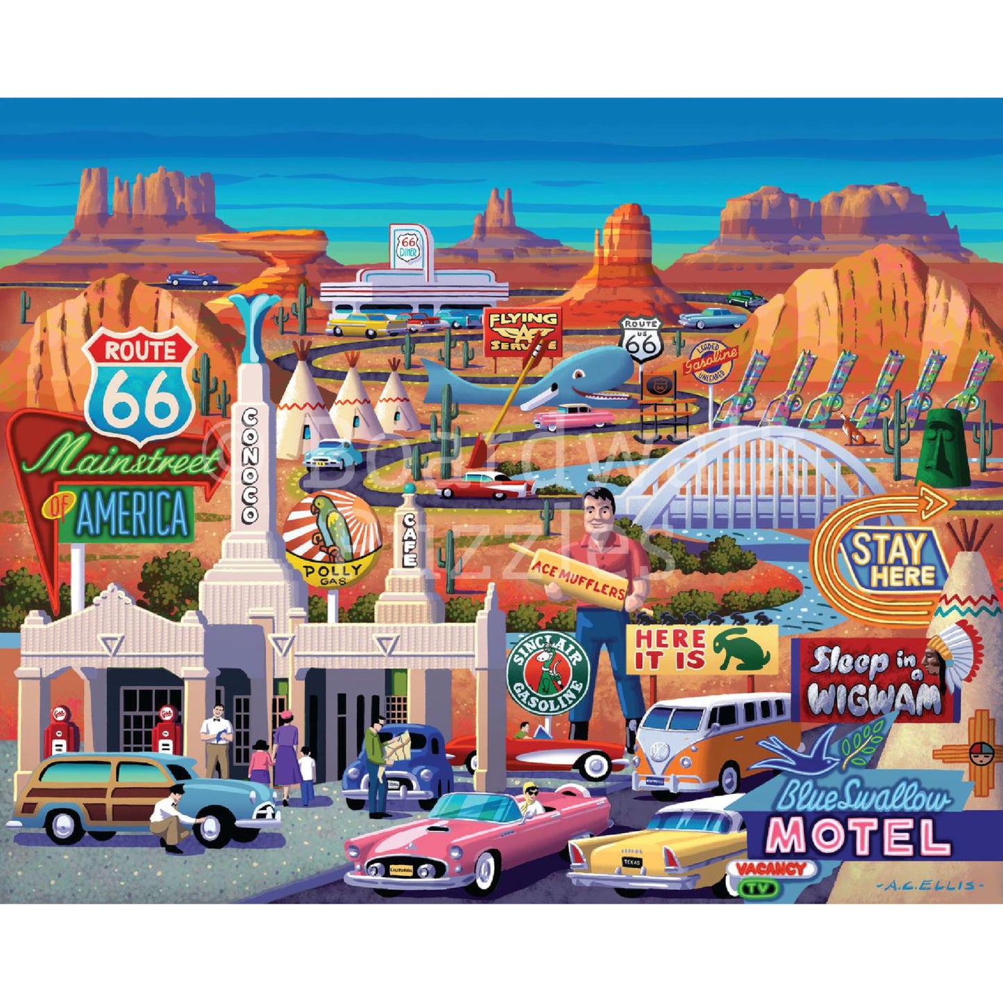 Boardwalk Route 66 210 Piece Personal Puzzle, Jigsaw Puzzles with Premium Box, Car Lover Gifts for Adults, 6"x8"