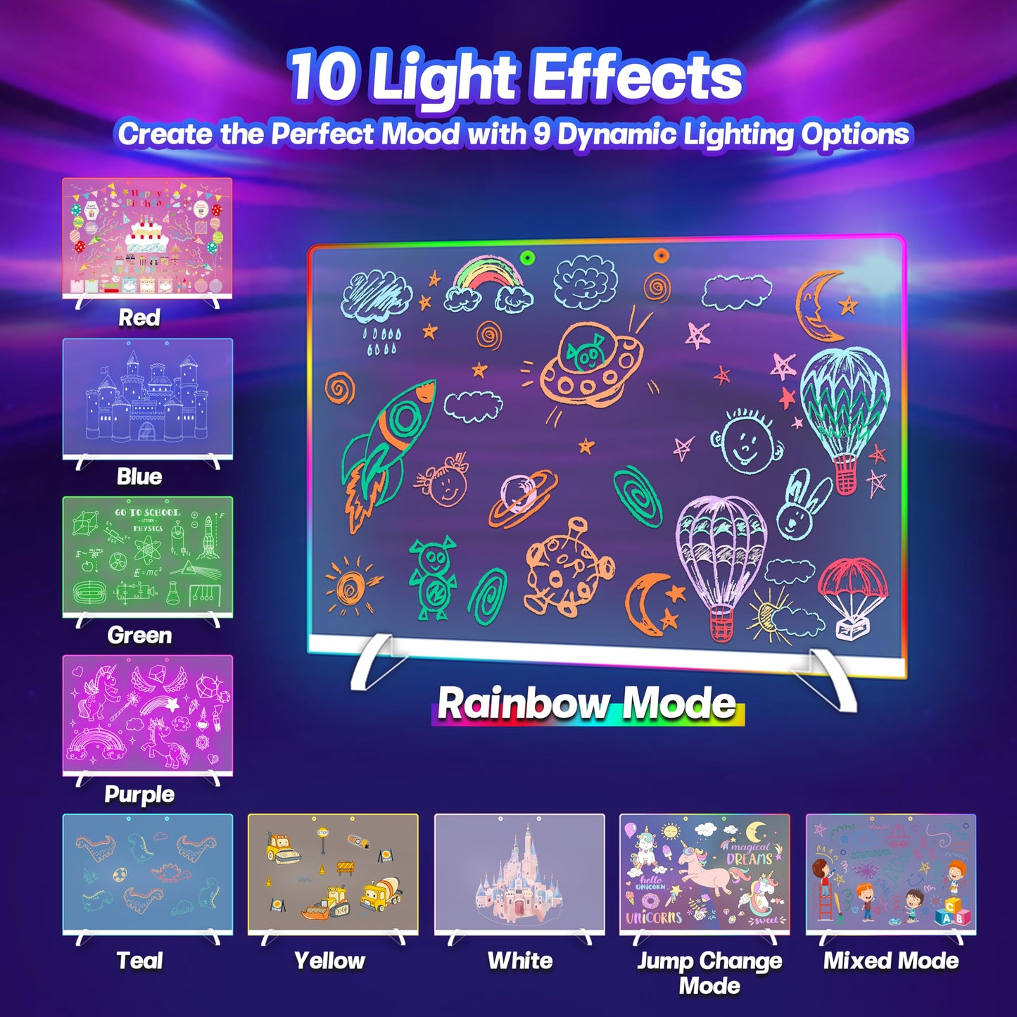 Portable Led Drawing Board for Kids, 16" Doodle Glow LED Note Board with 10 Colors Light & 6 Modes, Light Up Acrylic Dry Erase Magic Board, Doodling