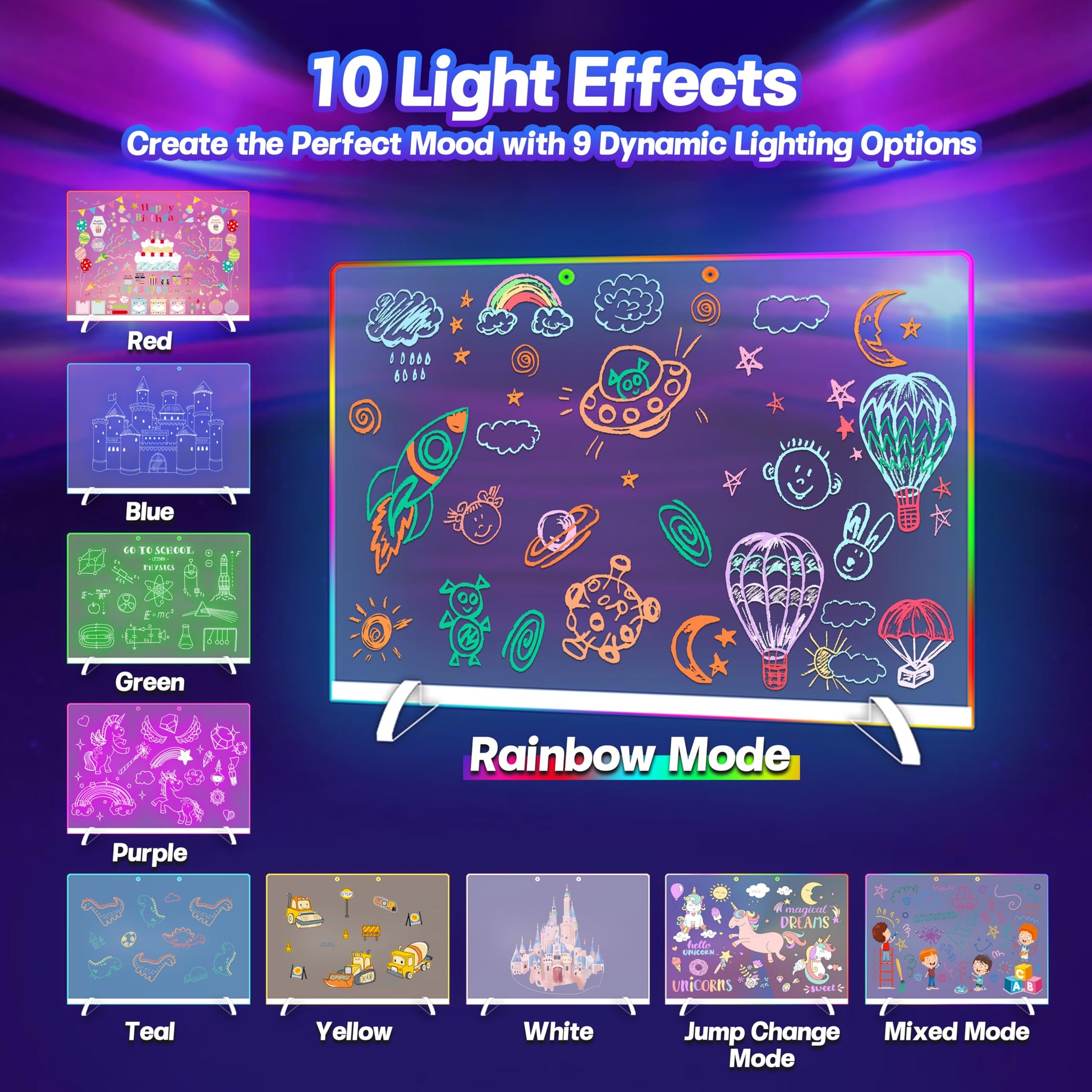 Portable Led Drawing Board for Kids, 16" Doodle Glow LED Note Board with 10 Colors Light & 6 Modes, Light Up Acrylic Dry Erase Magic Board, Doodling