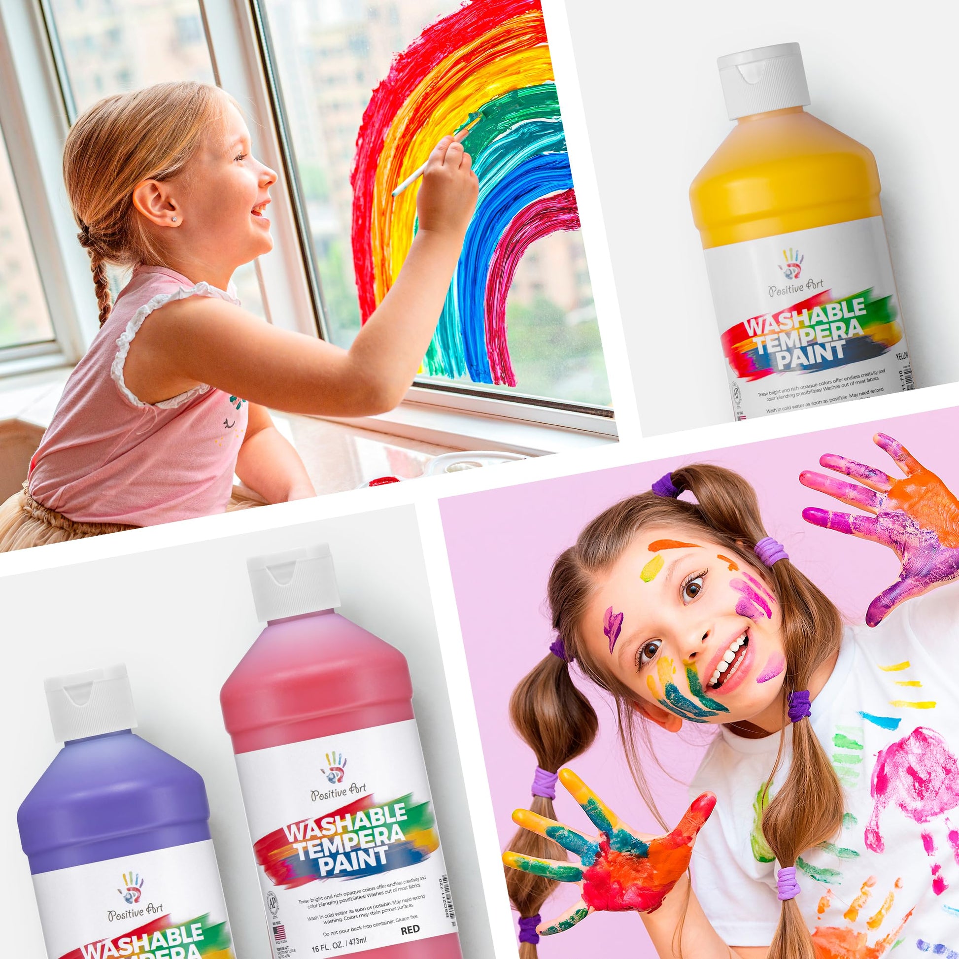 Positive Art Washable Paint for Kids - (8 Colors, 16 oz Each) Made in USA, Non-Toxic Tempera Paint Set - Bulk Classroom Paints for Students, Finger