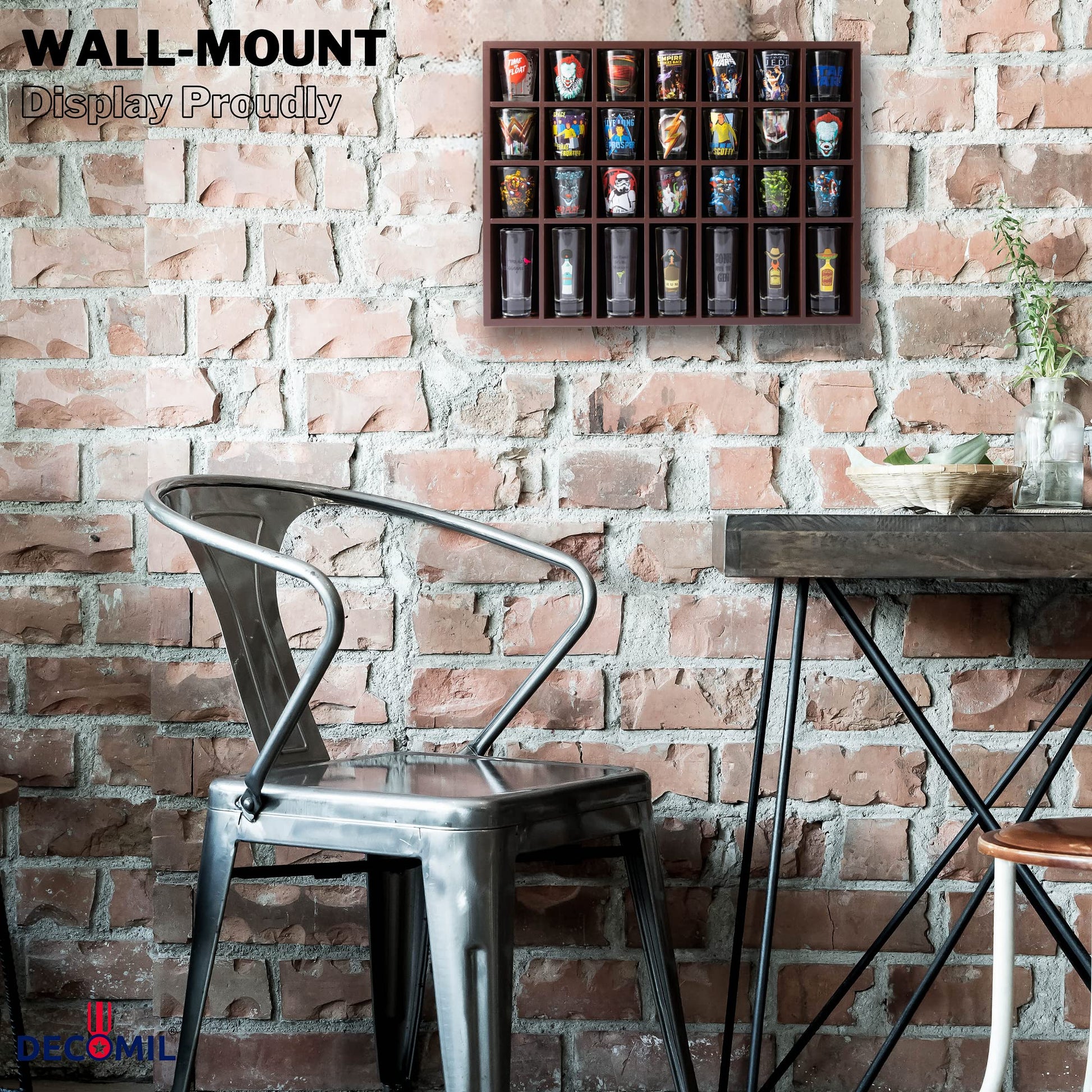 DECOMIL Shot Glass Display Case for Wall & Free Standing with Holder for 28 Tall Shot Glasses, Solid Wood Rack Without Door