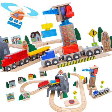 Wooden Train Set Kids Lift & Load Magnetic Crane Helicopter Semi Truck Shipping Containers Diesel Engine STEM Construction Playset Compatible