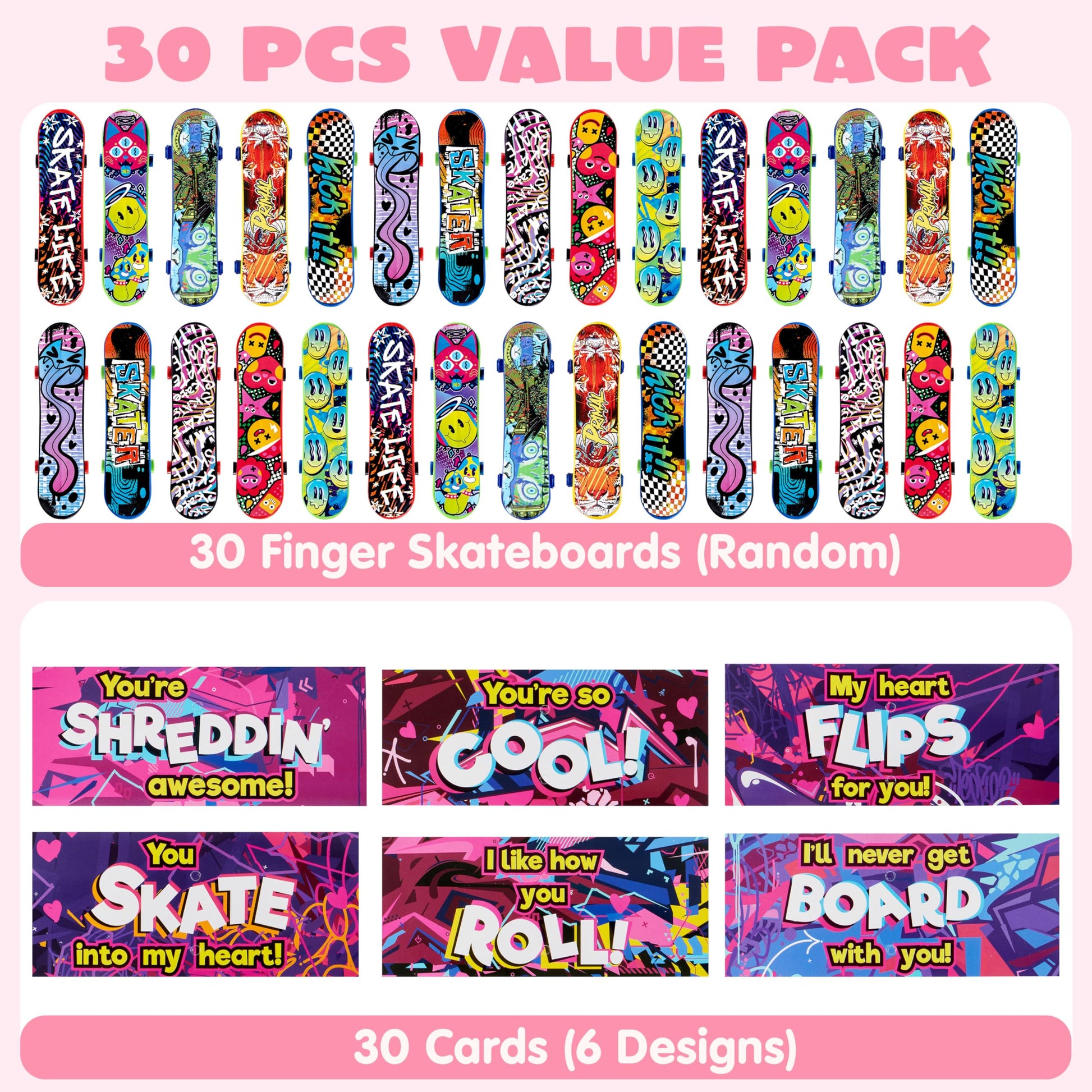 JOYIN 30 Packs Valentine's Day Mini Finger Skateboards with Cards, Classroom Exchange Gift for Kids, Kids Toys Party Favor, Classroom and Holiday
