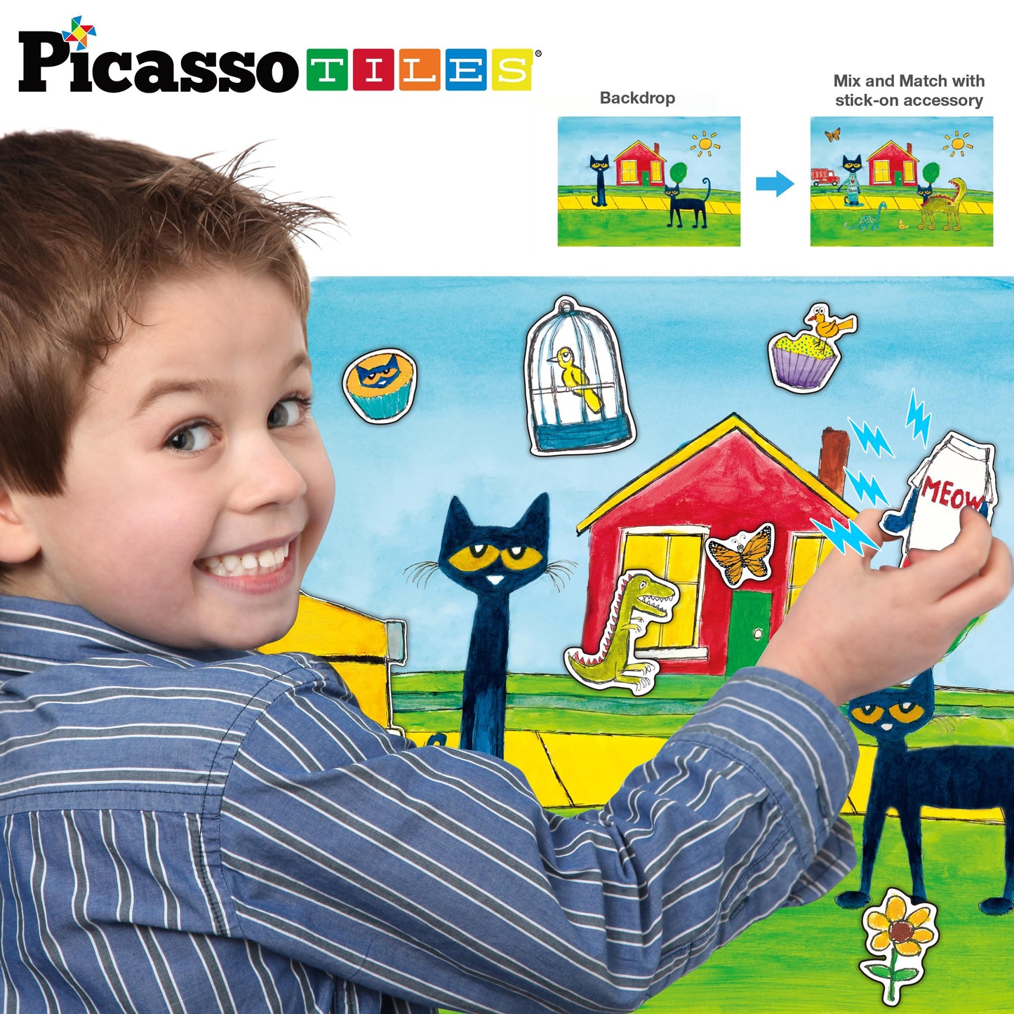 PicassoTiles Pete The Cat 80pc Magnetic Board Game Puzzle Playset Reusable Mix & Match Cartoon Toy with Storytelling, STEM Learning Activity Book