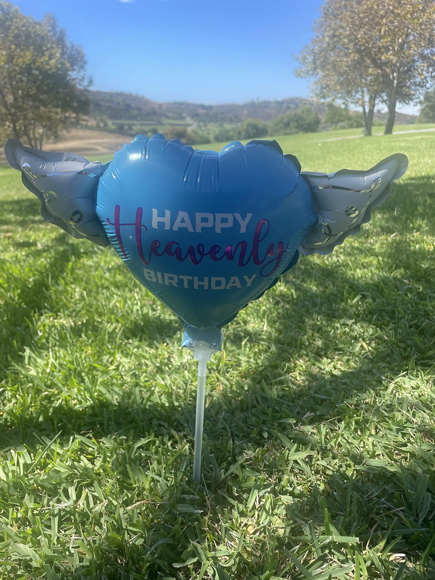 Happy Heavenly Birthday Balloon on a Stick Blue Heart with Angel Wings, Memorial Grave Decoration, in Loving Memory, Cemetery Remembrance Gift