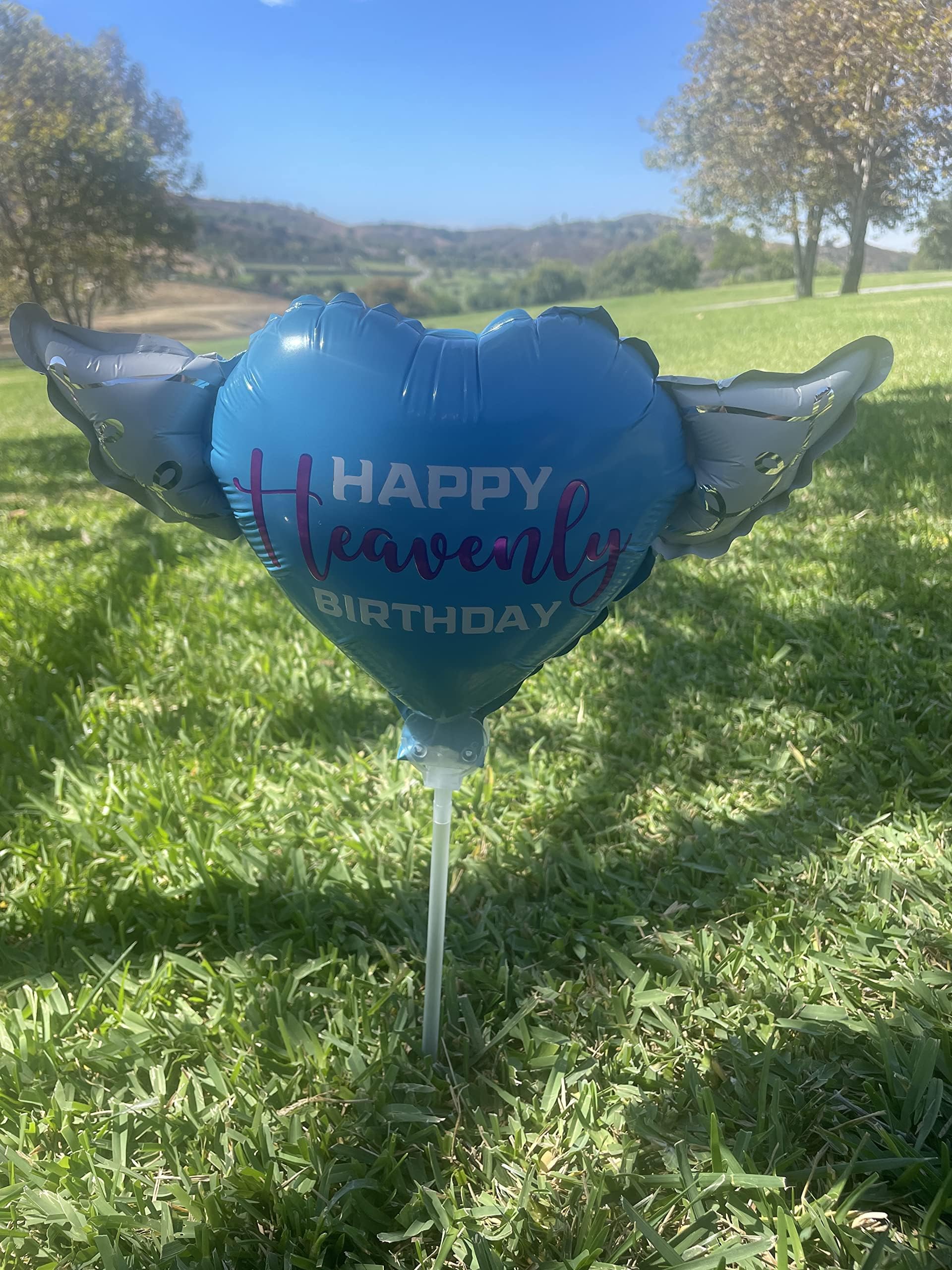 Happy Heavenly Birthday Balloon on a Stick Blue Heart with Angel Wings, Memorial Grave Decoration, in Loving Memory, Cemetery Remembrance Gift