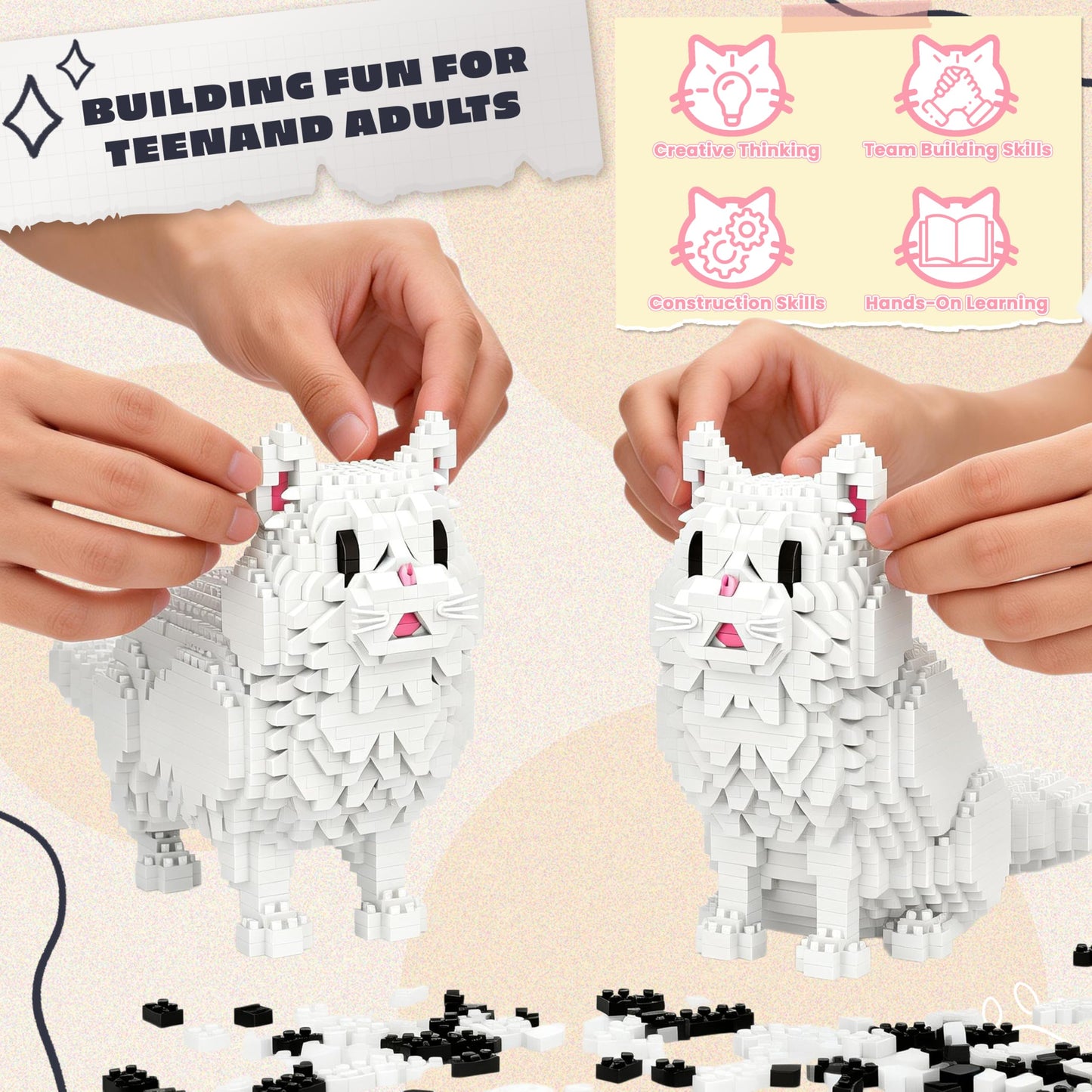 IBLOTIME 3 in 1 Persian Cat Mini Building Blocks Set, 1116 PCS Micro Building Kit for Adults & Teens, Small Brick Animal Model, Desk Decor Display