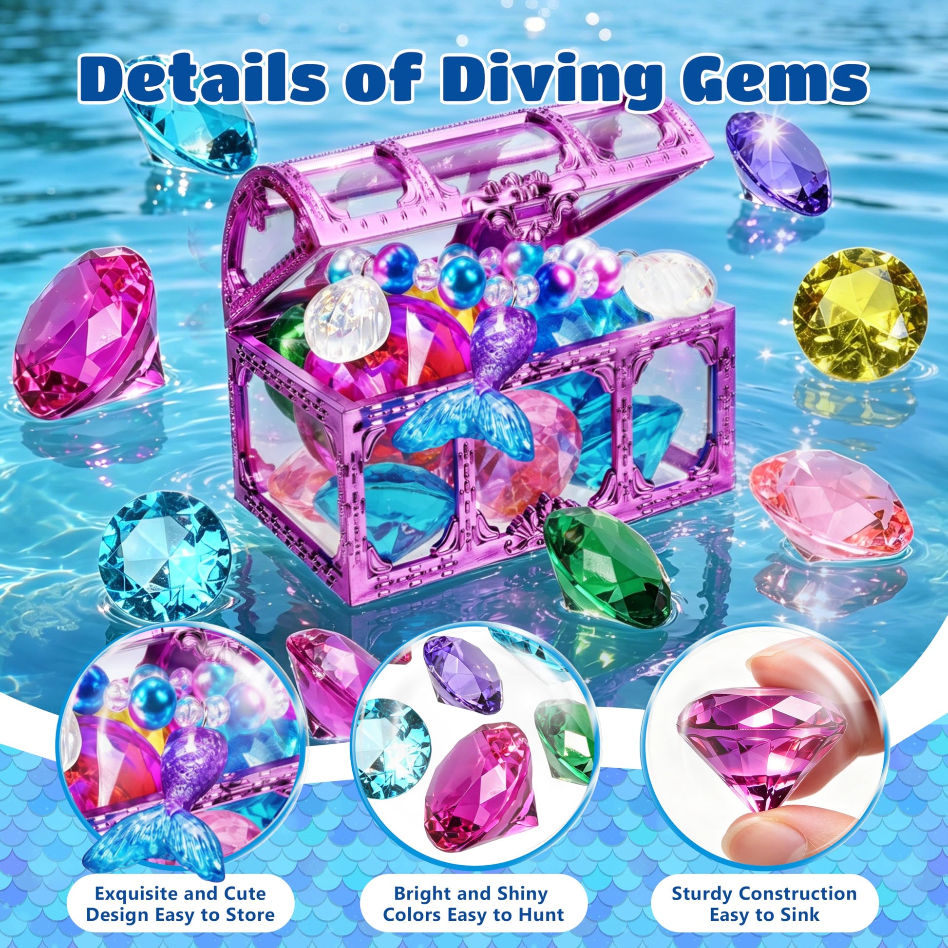 Hoplito 11 Pcs Diving Gems Pool Toys, Colorful Diamond Diving Toy with Treasure Chest, Sinking Dive Swimming Pool Toys, Underwater Gemstone Swimming