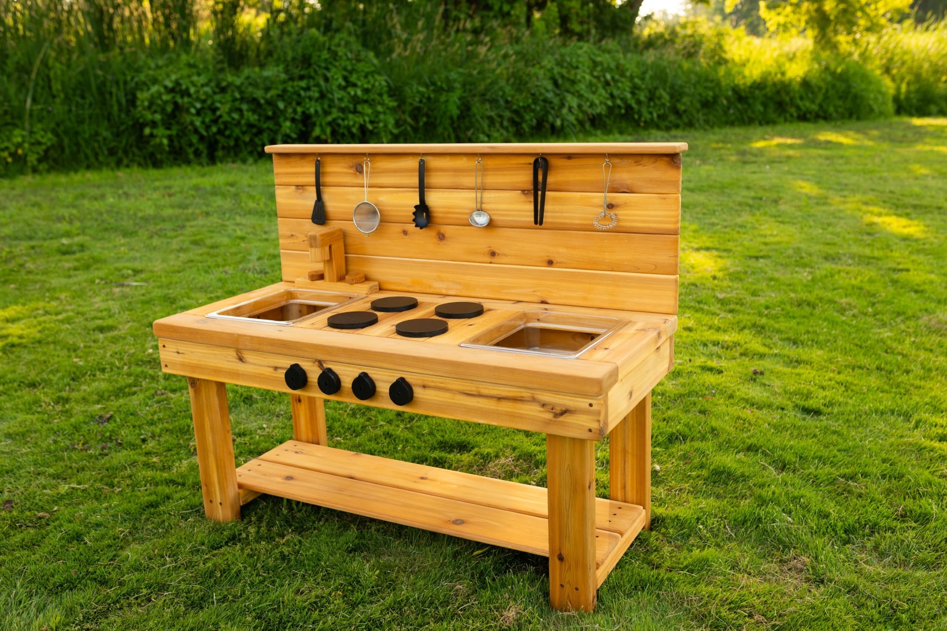 Noble Toys XL Cedar Outdoor Mud Kitchen Centered with Backsplash and Stovetop for Toddlers Kids | Pretend Play Table | Sensory Table | Outside Playset