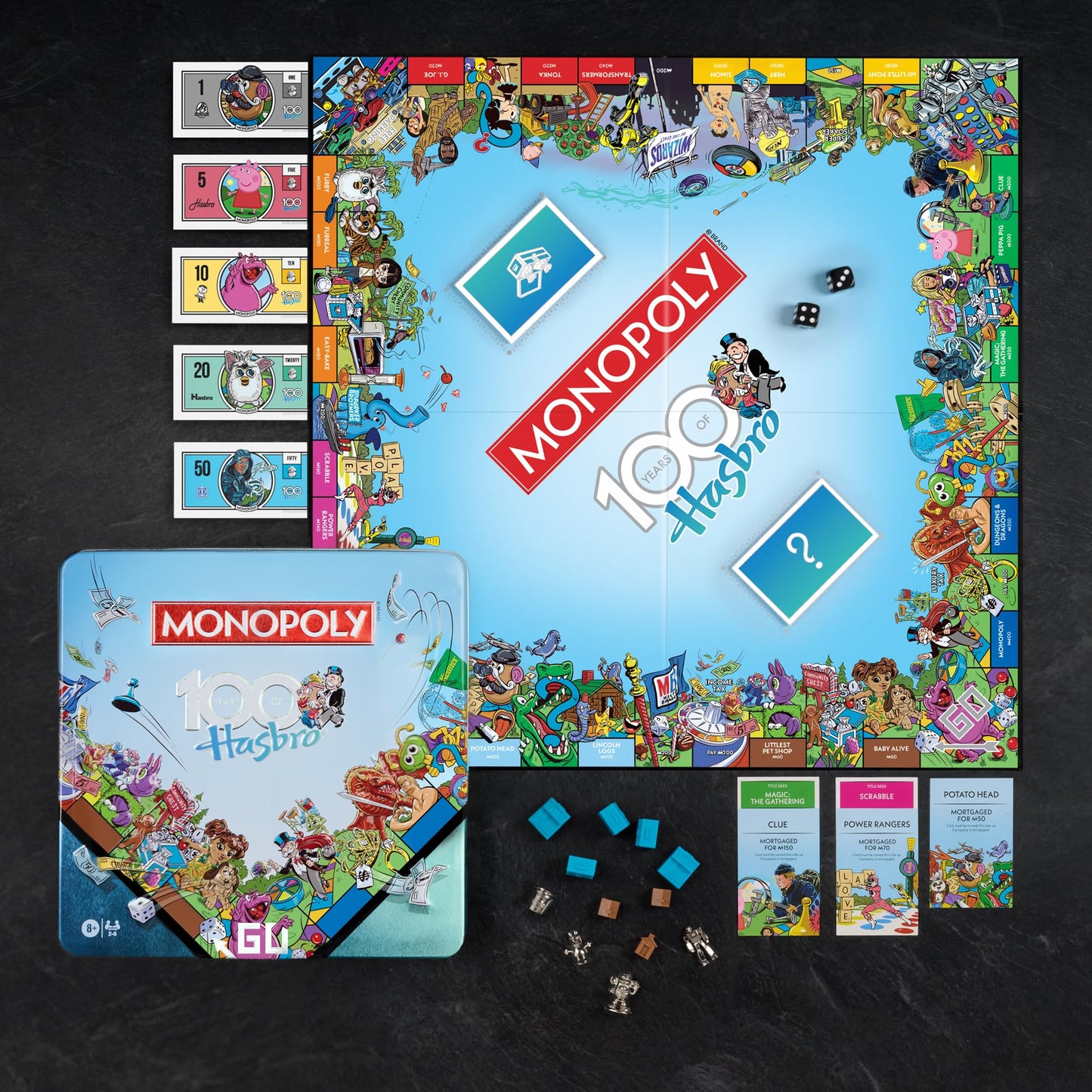 WS Game Company Monopoly Hasbro 100th Anniversary Edition Board Game in Special Edition Embossed Metal Tin with Bespoke Artwork & Eight Exclusive