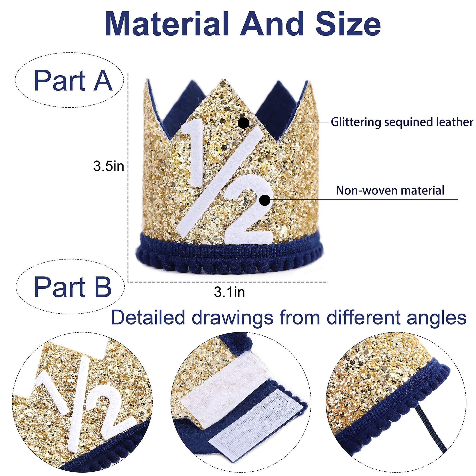 WAHAWU Navy Blue Half Birthday Party Crown - 1/2 Golden Birthday Party Hat, Happy Birthday Crown for Kids, Party Photo Prop, Party Decorations