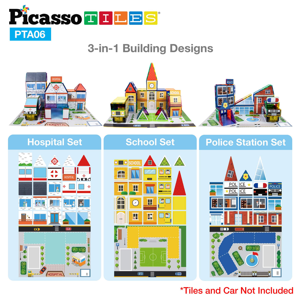 PicassoTiles 80pc School, Hospital, Police Station 3-in-1 Theme Magnet Self Adhesive Backing Stick-On Puzzle Graphic Kit and Overlay Maps for Magnetic