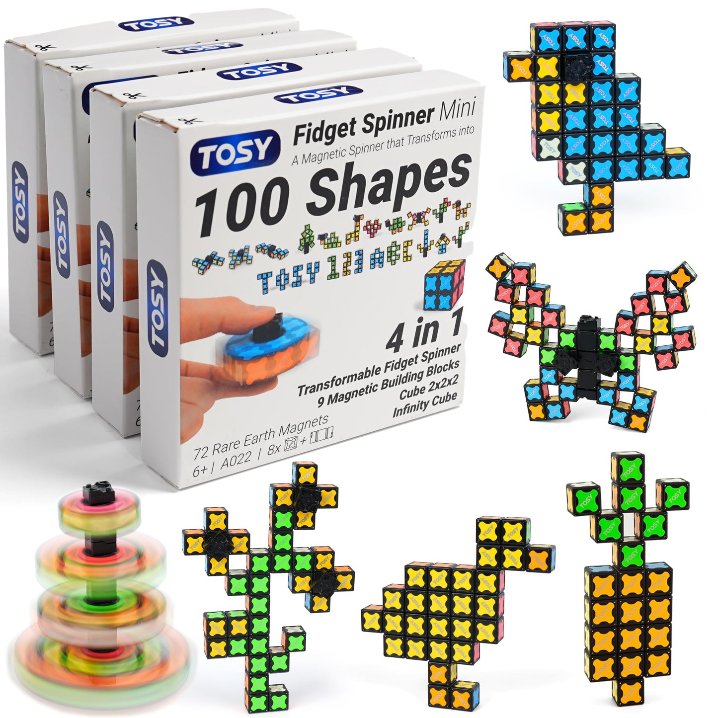 TOSY Magnet Fidget Spinner Mini - 8 Blocks, 3 in 1 Toy: Transformable Fidget Spinner, Infinity Cube, 2x2 Puzzle Cube, Stress Relief, STEM Magnet Tiles