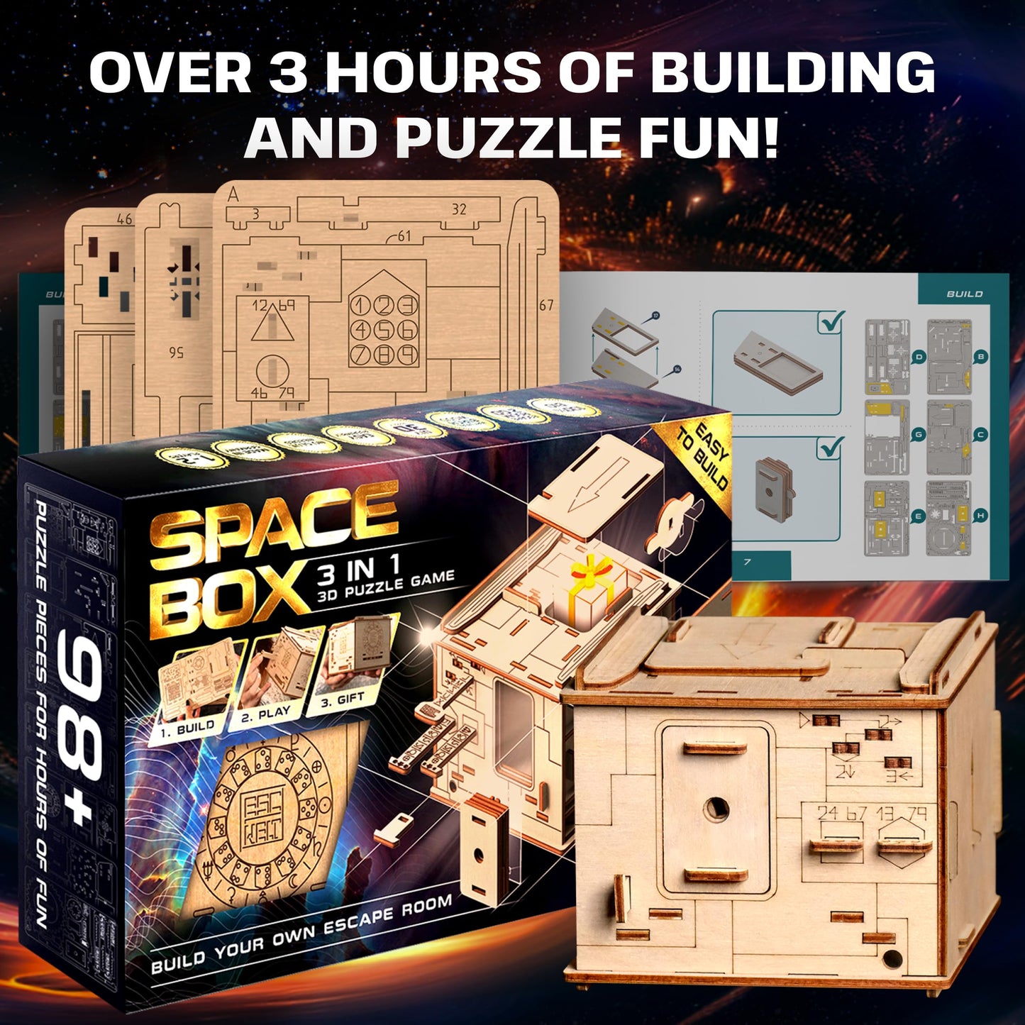 ESC WELT Space Box 3D Game - 3-in-1 Wooden Brain Teaser - Gift Box Riddle - Puzzle for Children and Adults - Mind Challenge - Escape Room