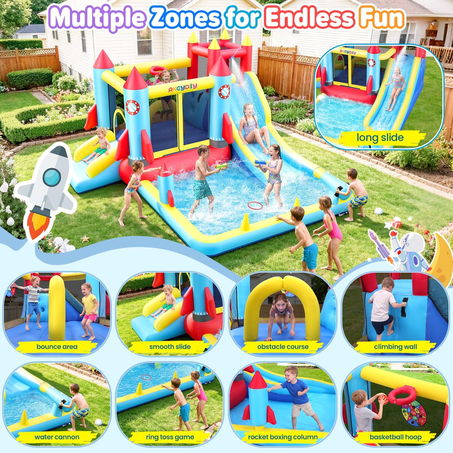 AKEYDIY Bounce House,Inflatable Water Slide Bounce Castle with Blower for Kids 3-10,Outdoor/Indoor Bouncy House Water Park for Backyard with 2 Splash