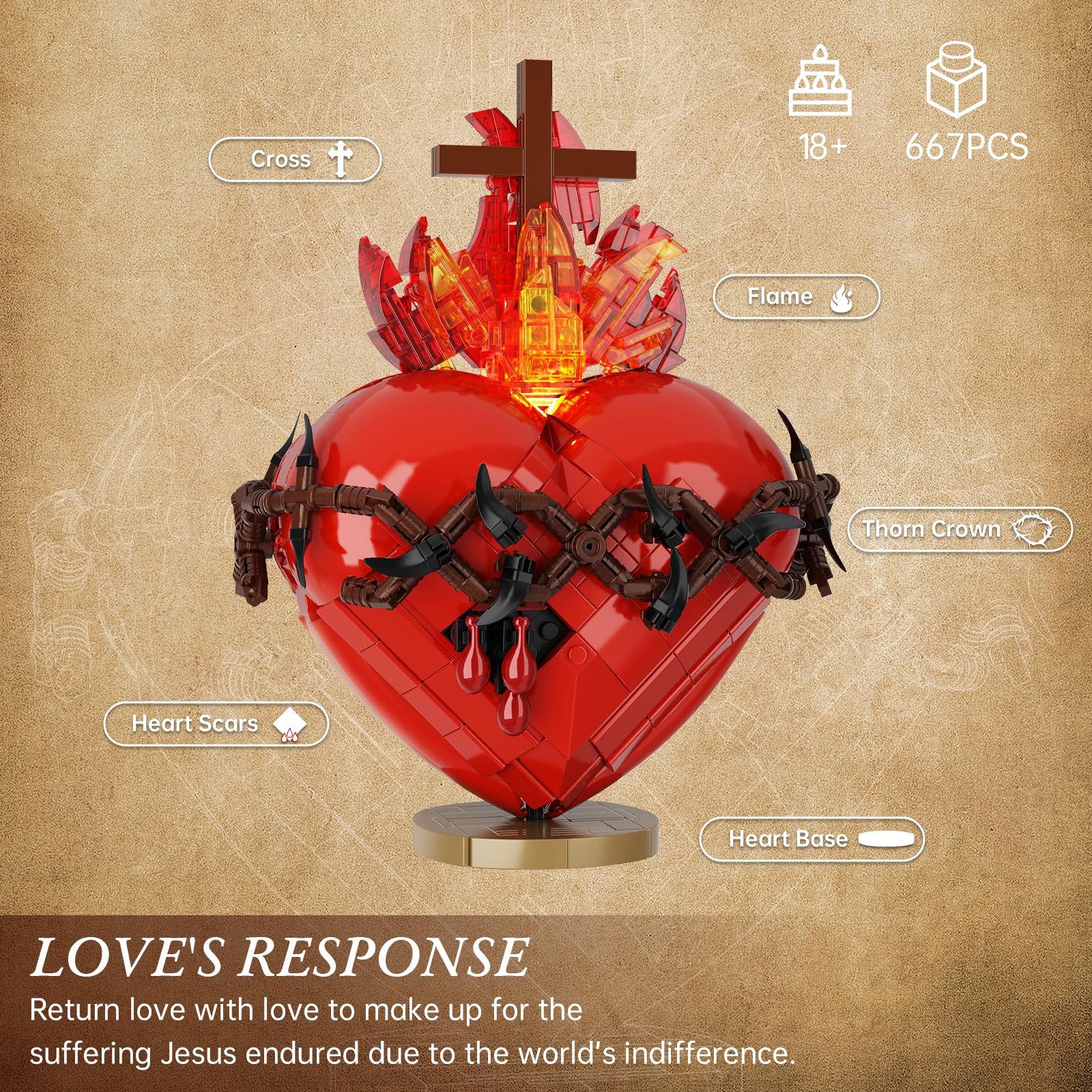 VONADO Jesus Heart Building Set,Sacred Heart Model Compatible with Lego,Bible Themed Christian Decorative Items,Religious Easter Gift for Adults or