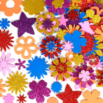 READY 2 LEARN Glitter Foam Stickers | Stacking Flowers | Pack of 144 | 6 Colors and 24 Shapes | Stackable, Self-Adhesive Stickers for Kids | Decorate
