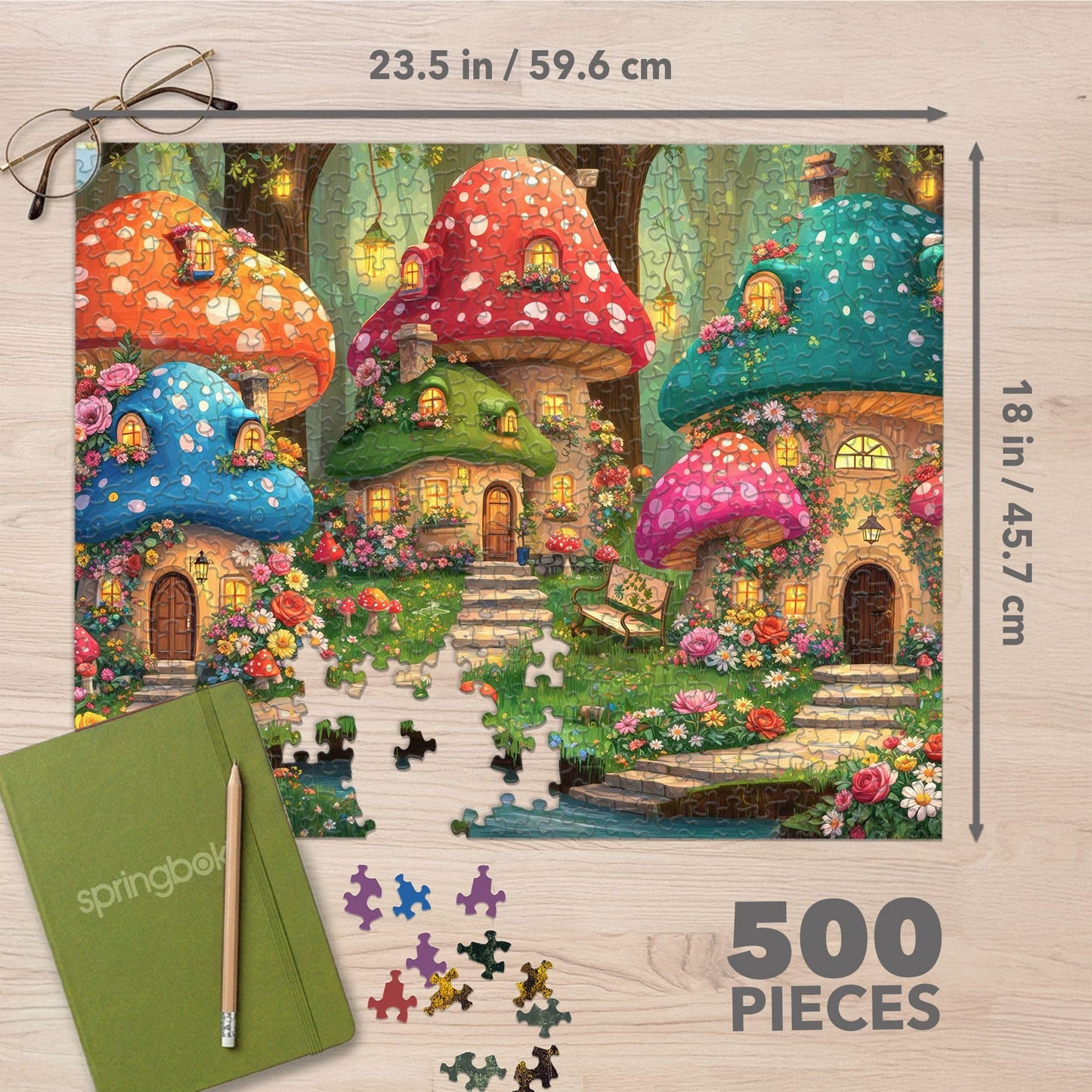 Springbok Magical Shroom Villa 500 Piece Jigsaw Puzzle for Adults - Whimsical Mushroom Cottage Fantasy Scene - Poster Now Included - Cozy Fairytale