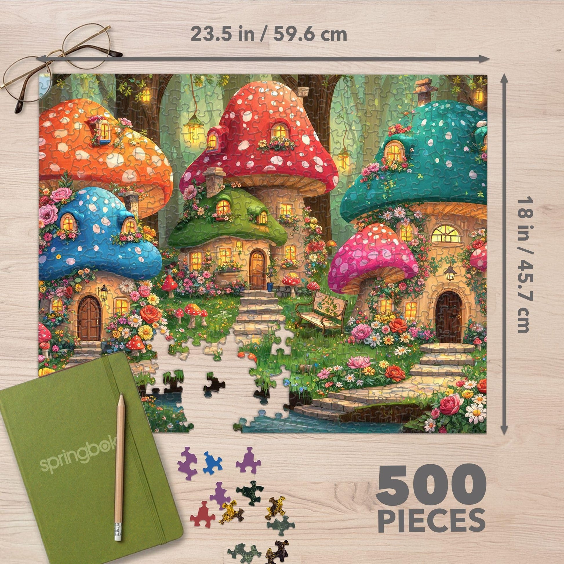 Springbok Magical Shroom Villa 500 Piece Jigsaw Puzzle for Adults - Whimsical Mushroom Cottage Fantasy Scene - Poster Now Included - Cozy Fairytale