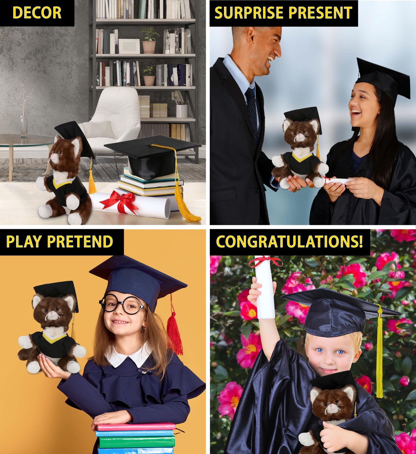 DolliBu Brown Cat Graduation Plush Toy - Soft Huggable Graduation Stuffed Animal Dress Up with Gown and Cap with Tassel Outfit with Personalization