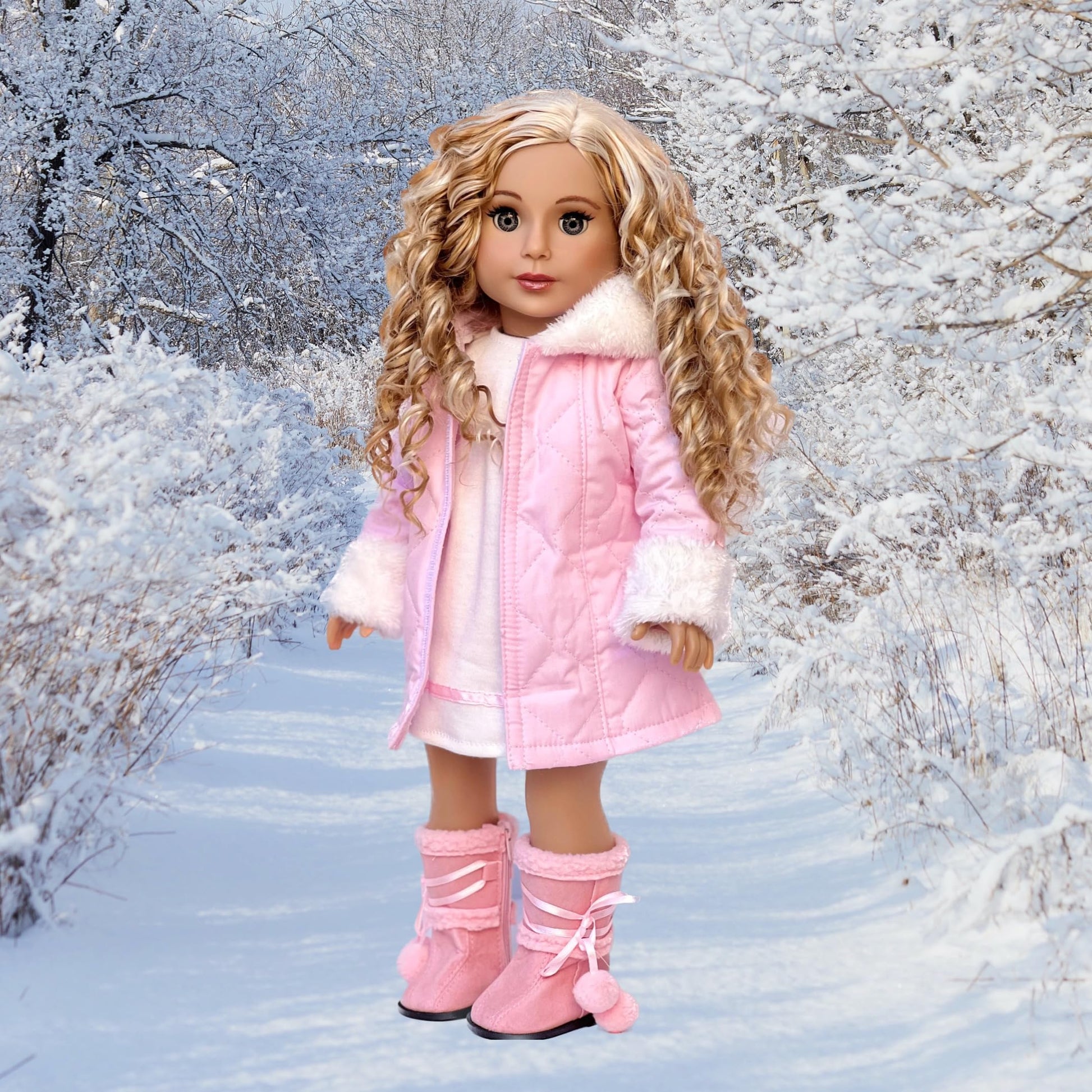 Cotton Candy - 3 Piece Doll Clothes Outfit for 18 inch Dolls - Parka with Hood, Dress, and Boots (Doll Not Included)