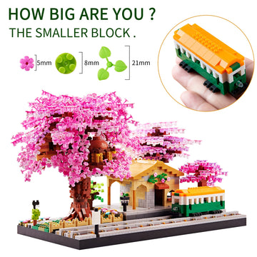 TEXXXIAN Cherry Blossom Micro Building Blocks Set, Japanese Creative Mini Bricks Model Flower Train Station Architecture for Adults and Kids Age 14+