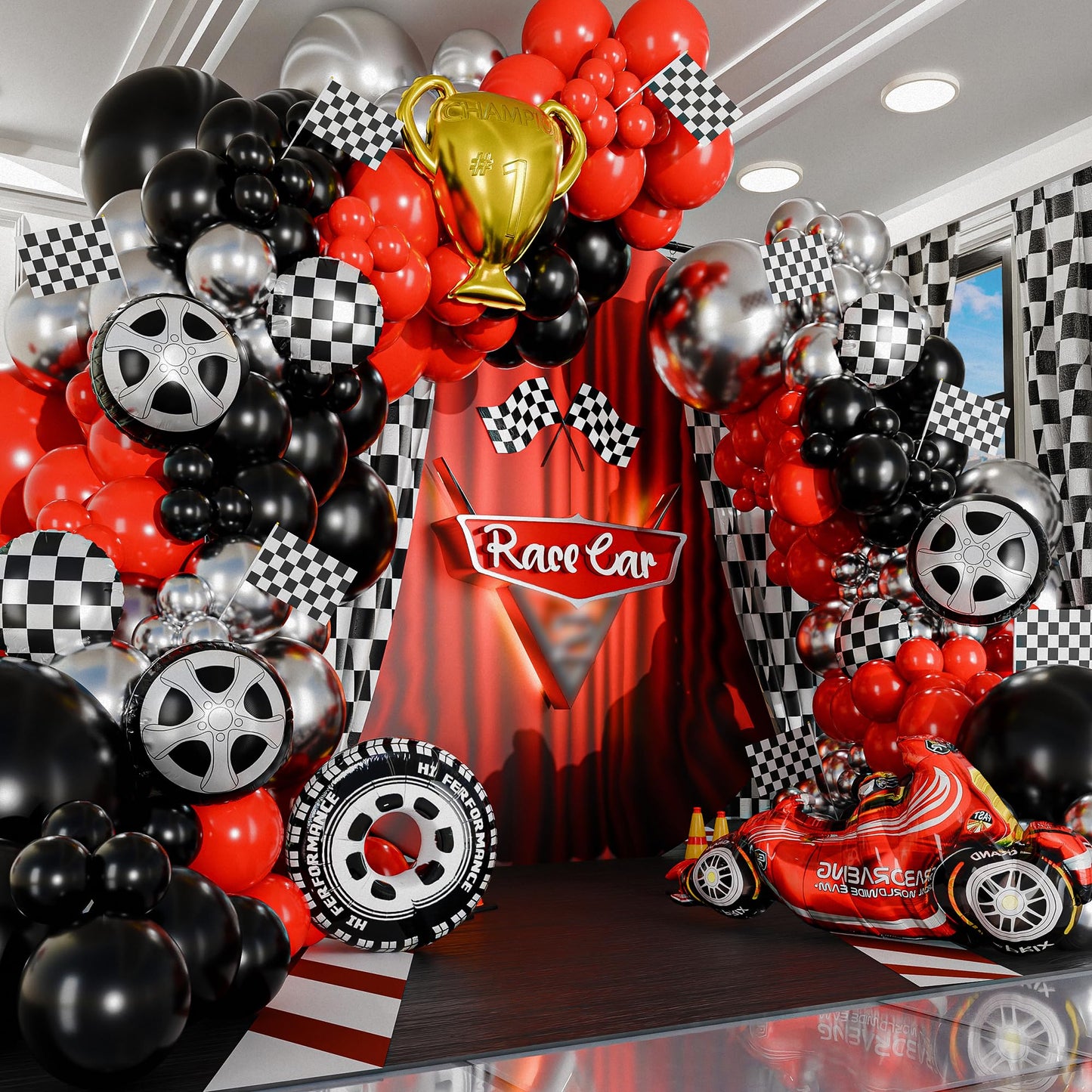 ALL-IN-1 Race Car Balloon Arch Kit with BONUS Trophy & RaceCar - Cars Balloon Garland Kit for Race Car Theme Birthday Party Supplies & Hot Wheels