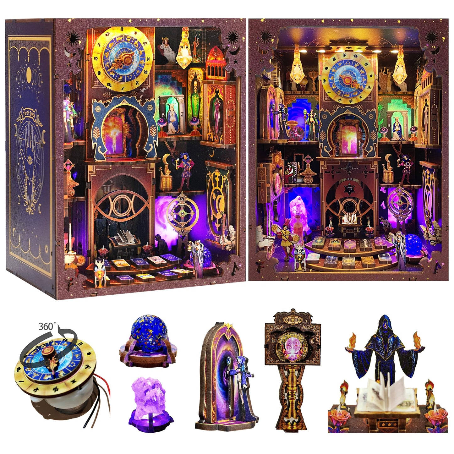 Book Nook Kit - Fantasy Tarot 3D Wooden Puzzle for Adults, Teens & Beginners, DIY Miniature Bookshelf Insert with LED Light, Mysterious Craft Gift