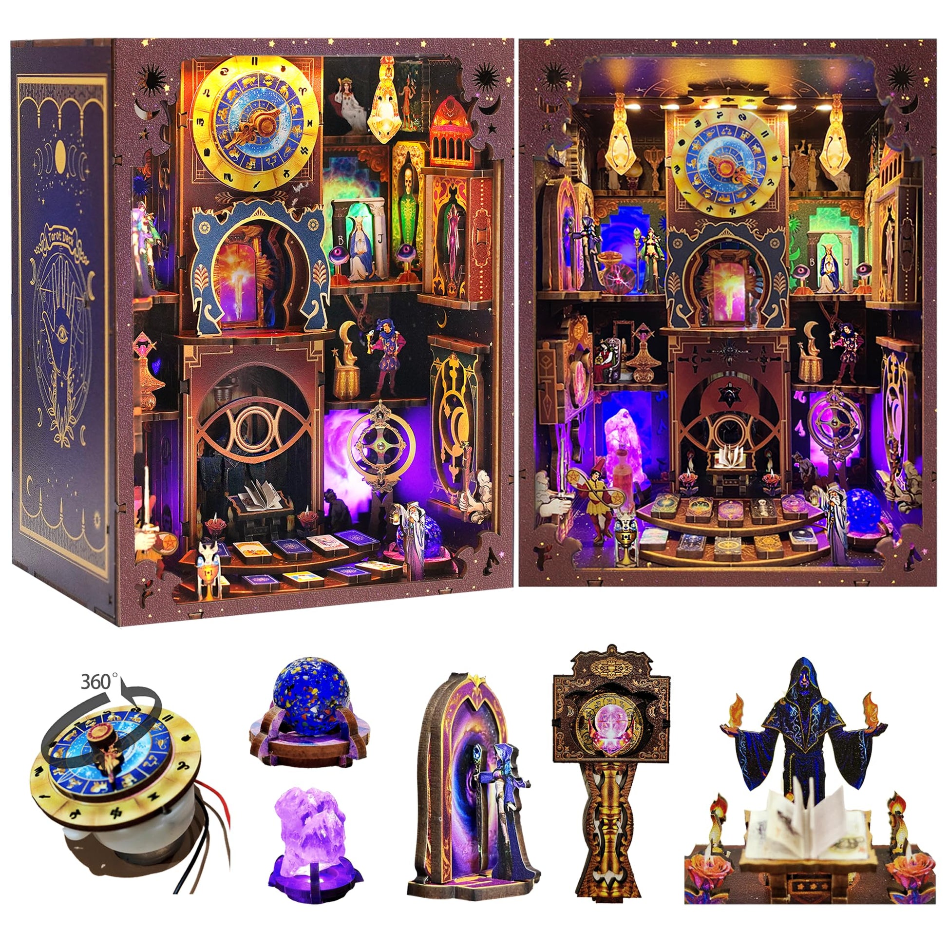 Book Nook Kit - Fantasy Tarot 3D Wooden Puzzle for Adults, Teens & Beginners, DIY Miniature Bookshelf Insert with LED Light, Mysterious Craft Gift