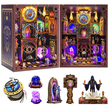 Book Nook Kit - Fantasy Tarot 3D Wooden Puzzle for Adults, Teens & Beginners, DIY Miniature Bookshelf Insert with LED Light, Mysterious Craft Gift
