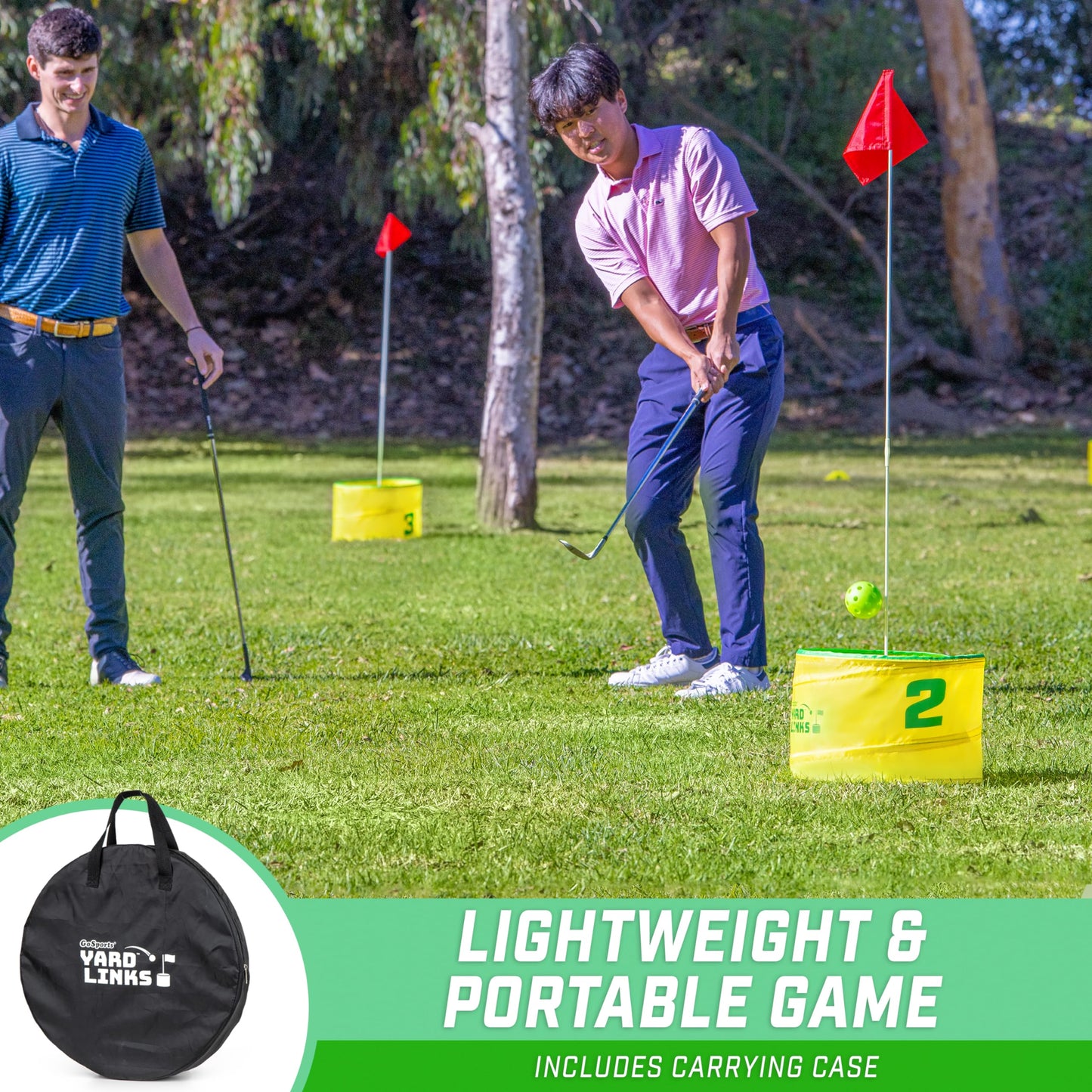 GoSports Yard Links Backyard Golf Game - Outdoor Chipping Style Game Set with 3 Buckets, 3 Flags, 3 Tee Markers, 4 Golf Balls, Scorecard and Carry