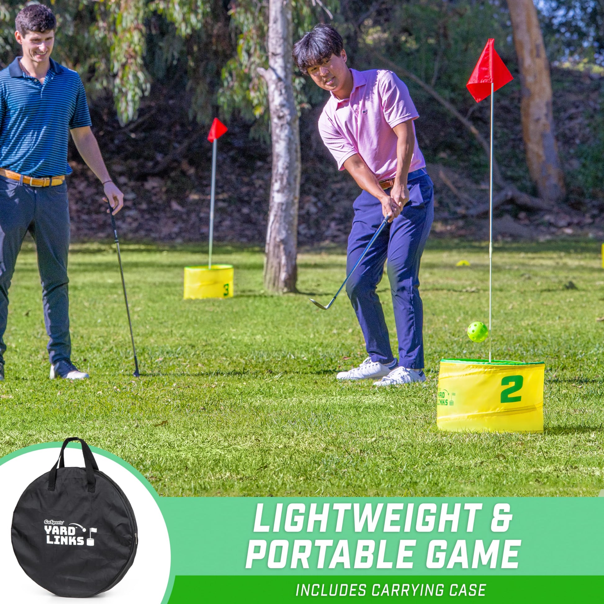 GoSports Yard Links Backyard Golf Game - Outdoor Chipping Style Game Set with 3 Buckets, 3 Flags, 3 Tee Markers, 4 Golf Balls, Scorecard and Carry