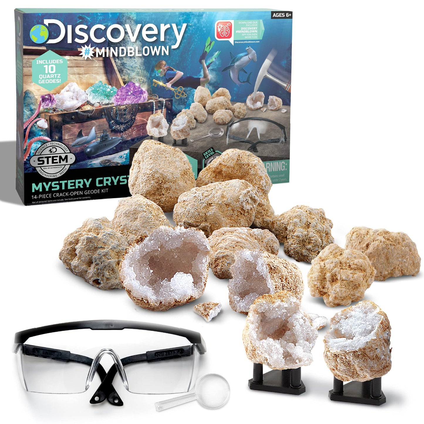 Discovery™ Mystery Crystal Geode Kit - Crack Open 10 Real Quartz Geodes| Includes Goggles, Magnifying Glass & Display Stands| Educational STEM Geology