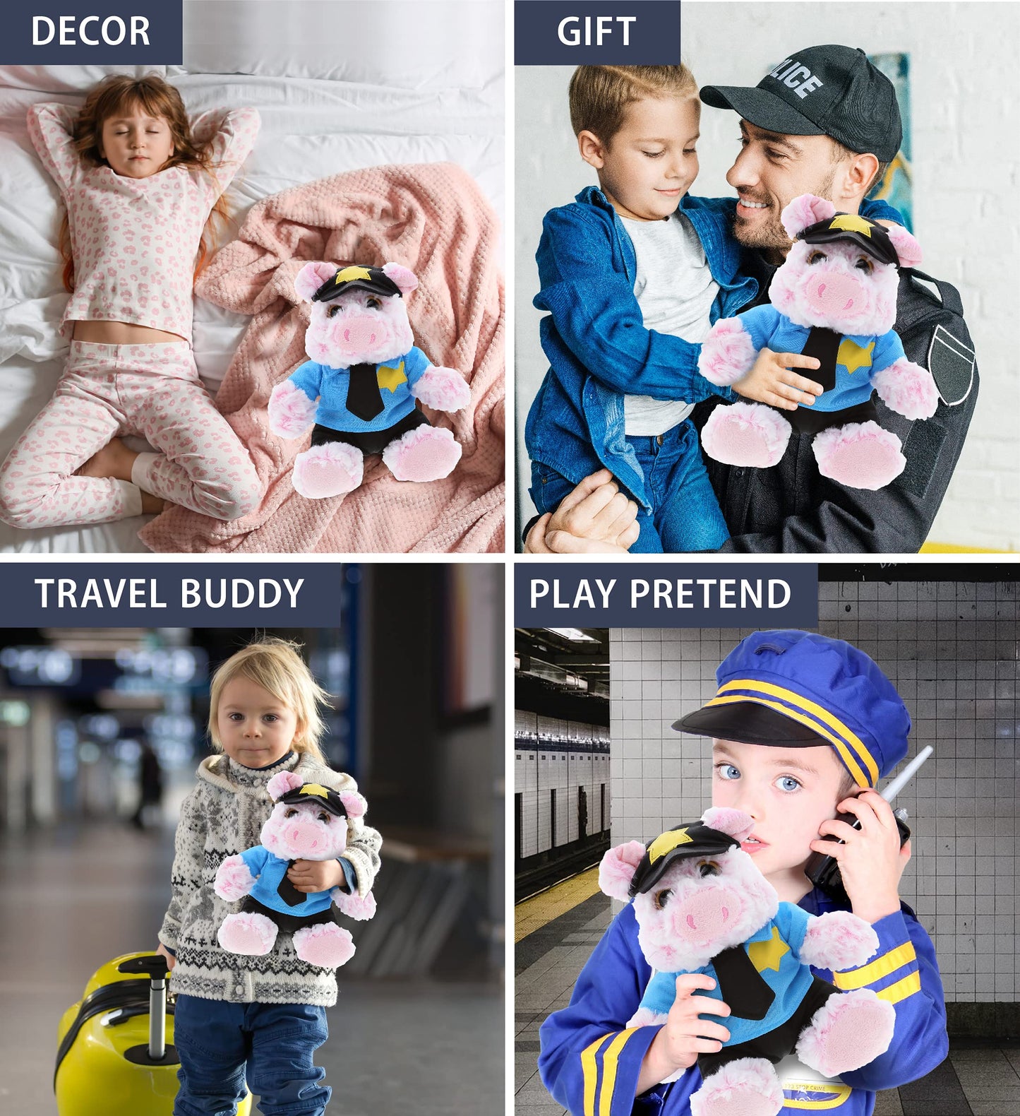 DolliBu Pig Police Officer Plush Toy - Super Soft Sitting Pig Cop Stuffed Animal Dress Up with Cute Cop Uniform & Cap Outfit Gift for Law Enforcement
