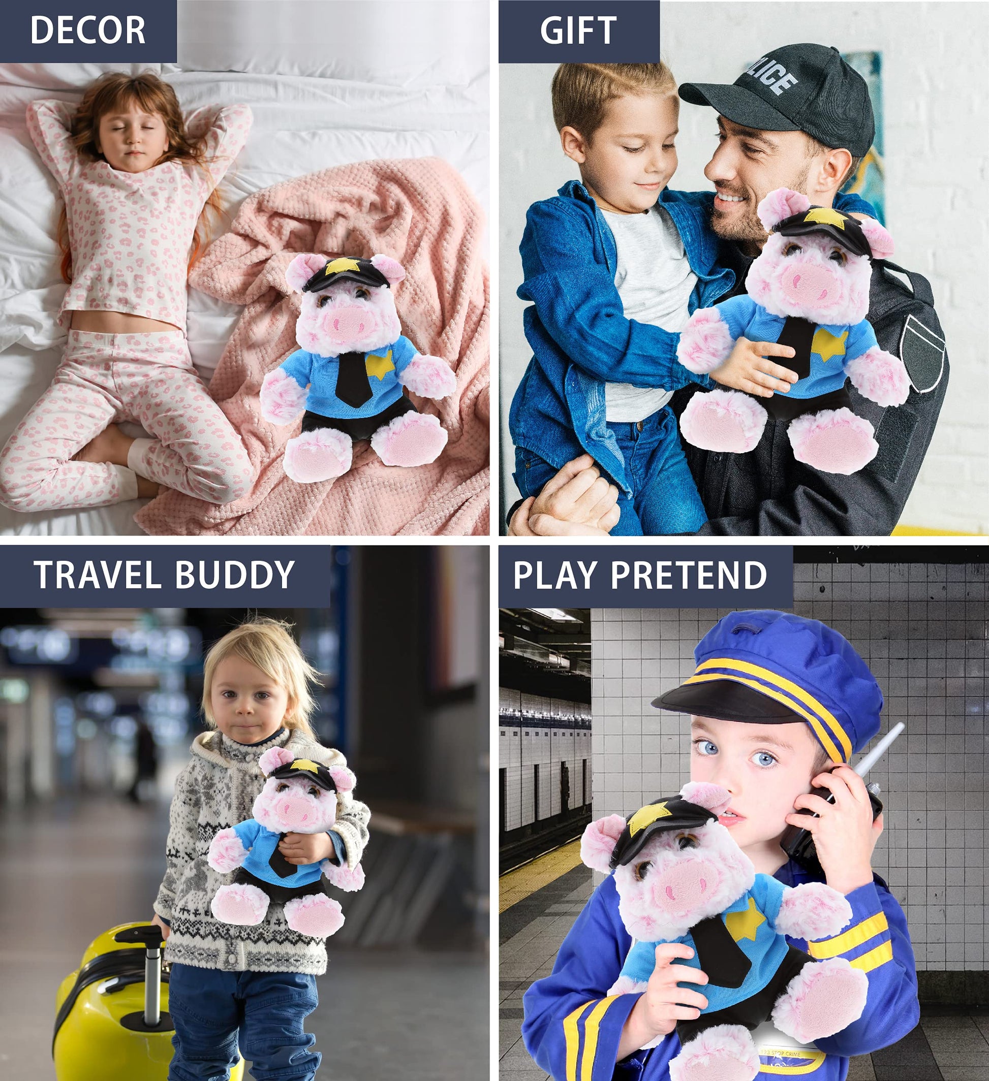 DolliBu Pig Police Officer Plush Toy - Super Soft Sitting Pig Cop Stuffed Animal Dress Up with Cute Cop Uniform & Cap Outfit - Gift
