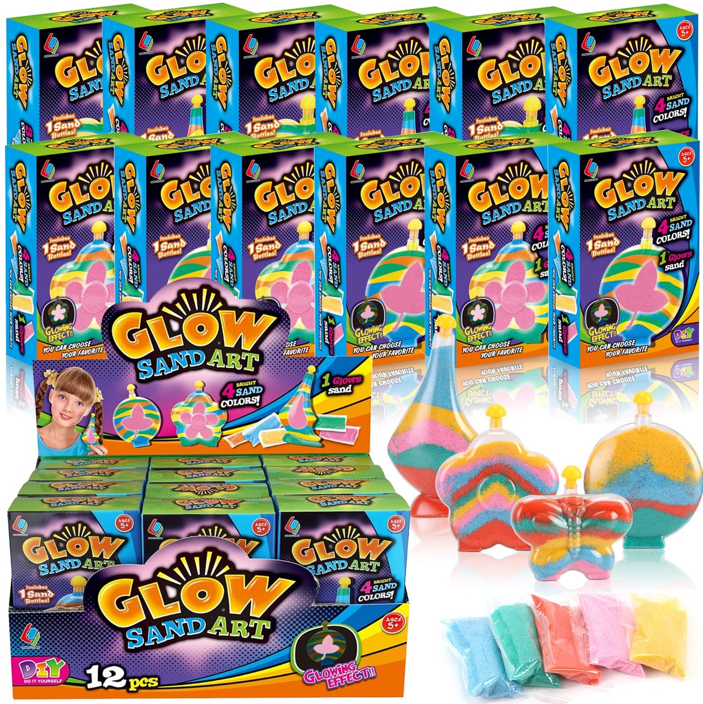 Create Your Own Magic Sand Art Glitter Activity | Glow in the Dark Colored Custom Sand Kits for Kids - Includes 12 Bottles, Funnels, Sticks, 60 Bags