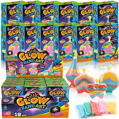 Create Your Own Magic Sand Art Glitter Activity | Glow in the Dark Colored Custom Sand Kits for Kids - Includes 12 Bottles, Funnels, Sticks, 60 Bags